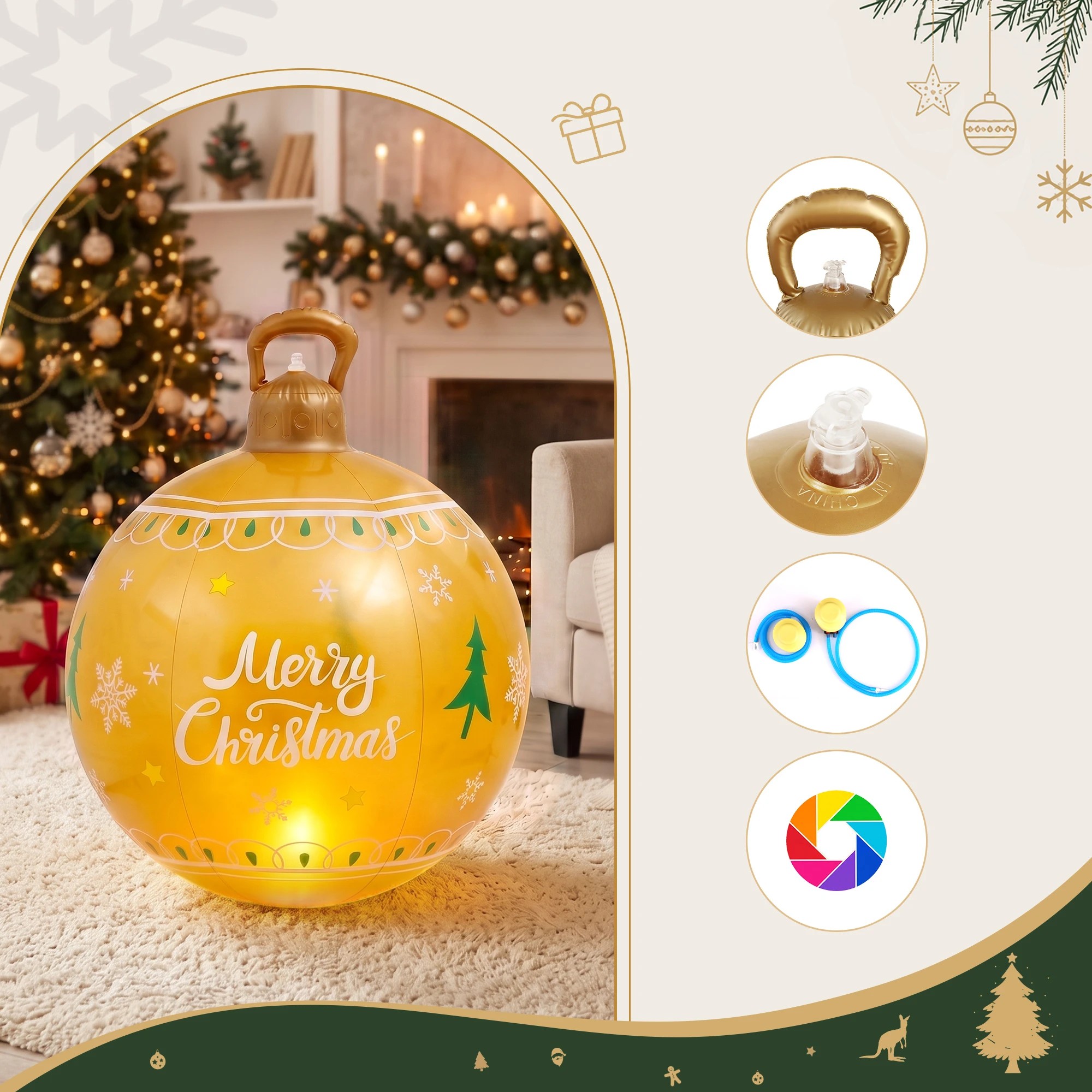 1 Jingle Jollys Christmas Inflatable Ball 60cm Led Illuminated Xmas Decoration Durable Space Saving Modern Decor - Gold, 1 of 7