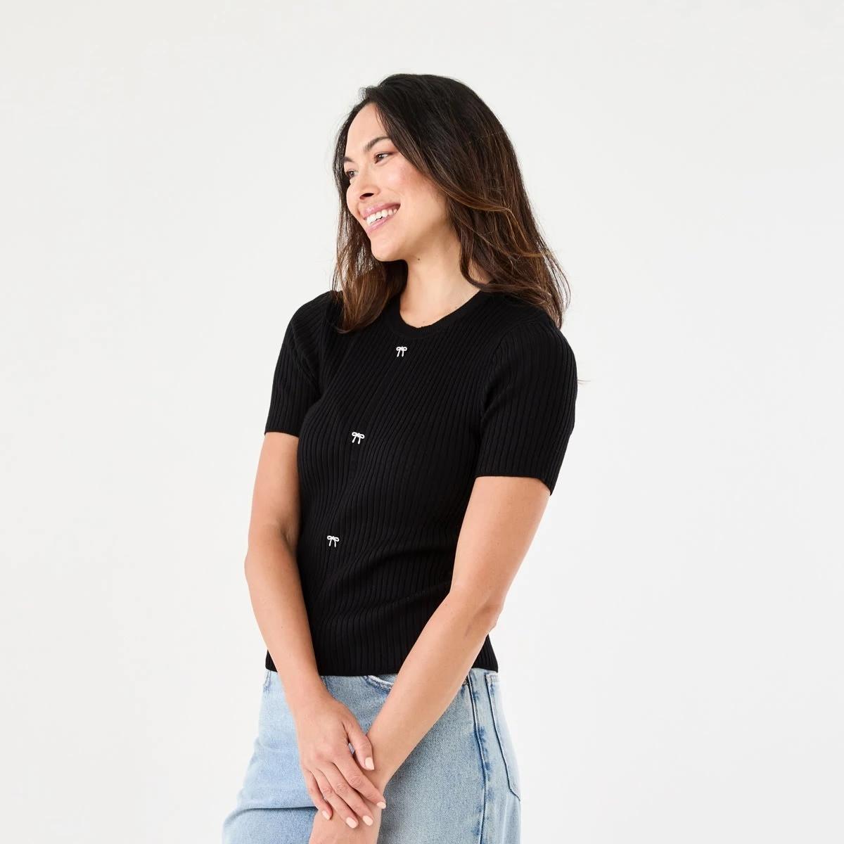 2 Short Sleeve Crew Neck Trim Top Black, 2 of 6