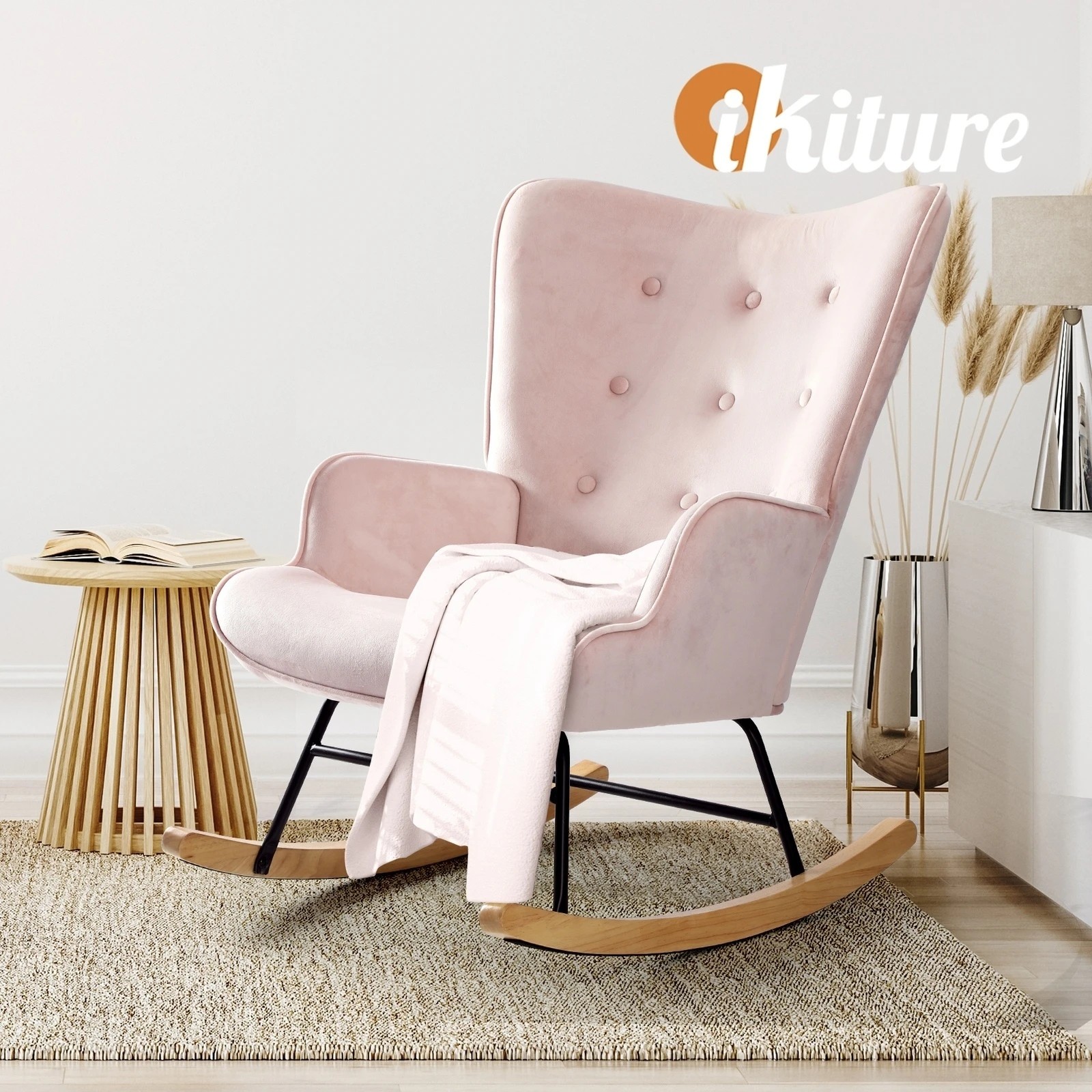 5 Oikiture Rocking Chair Nursing Armchair Velvet Accent Chairs Upholstered
 - Pink, 5 of 10