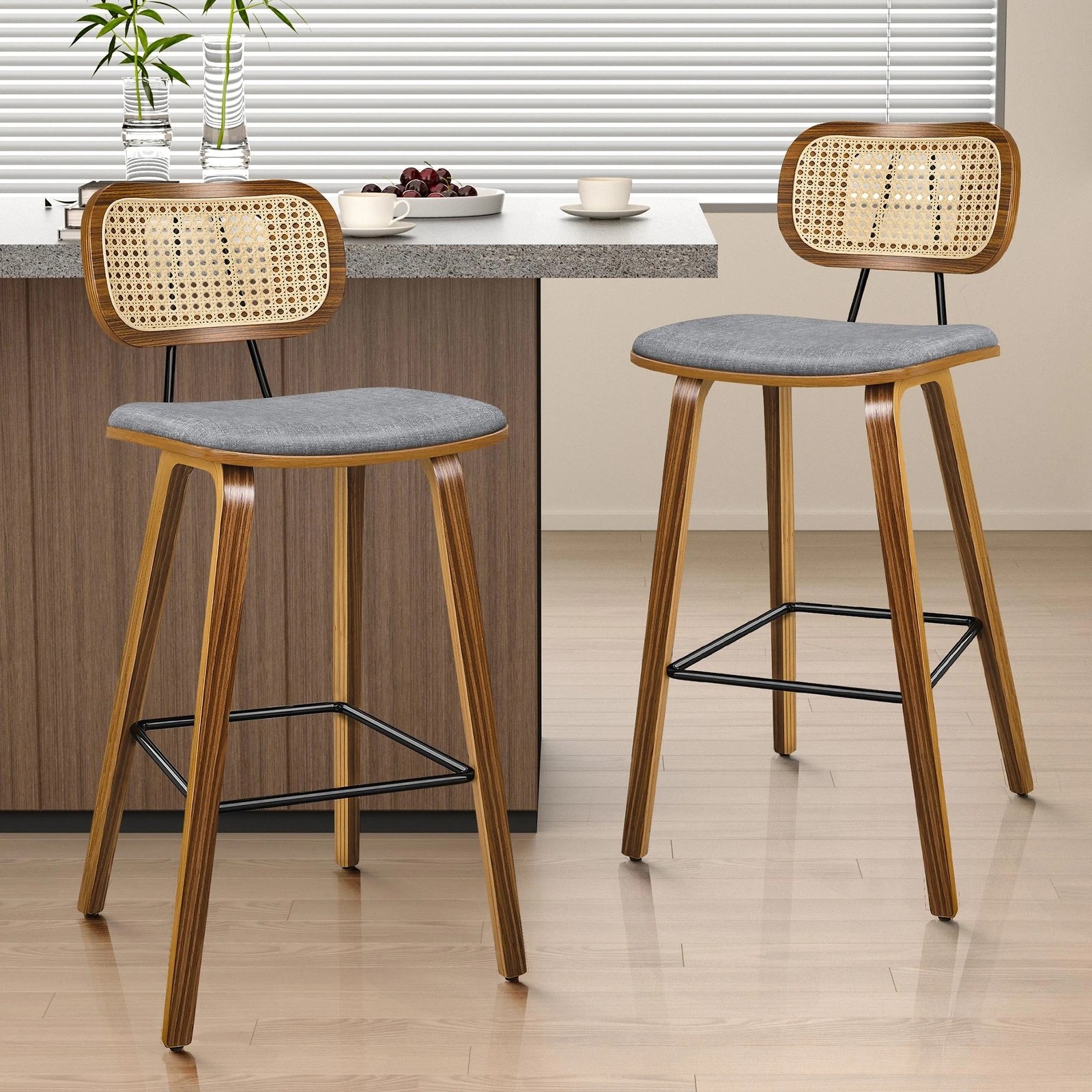 3 Alfordson 4x Bar Stools Kitchen Vintage Fabric Seat Rattan Chair Wooden - Grey, 3 of 9