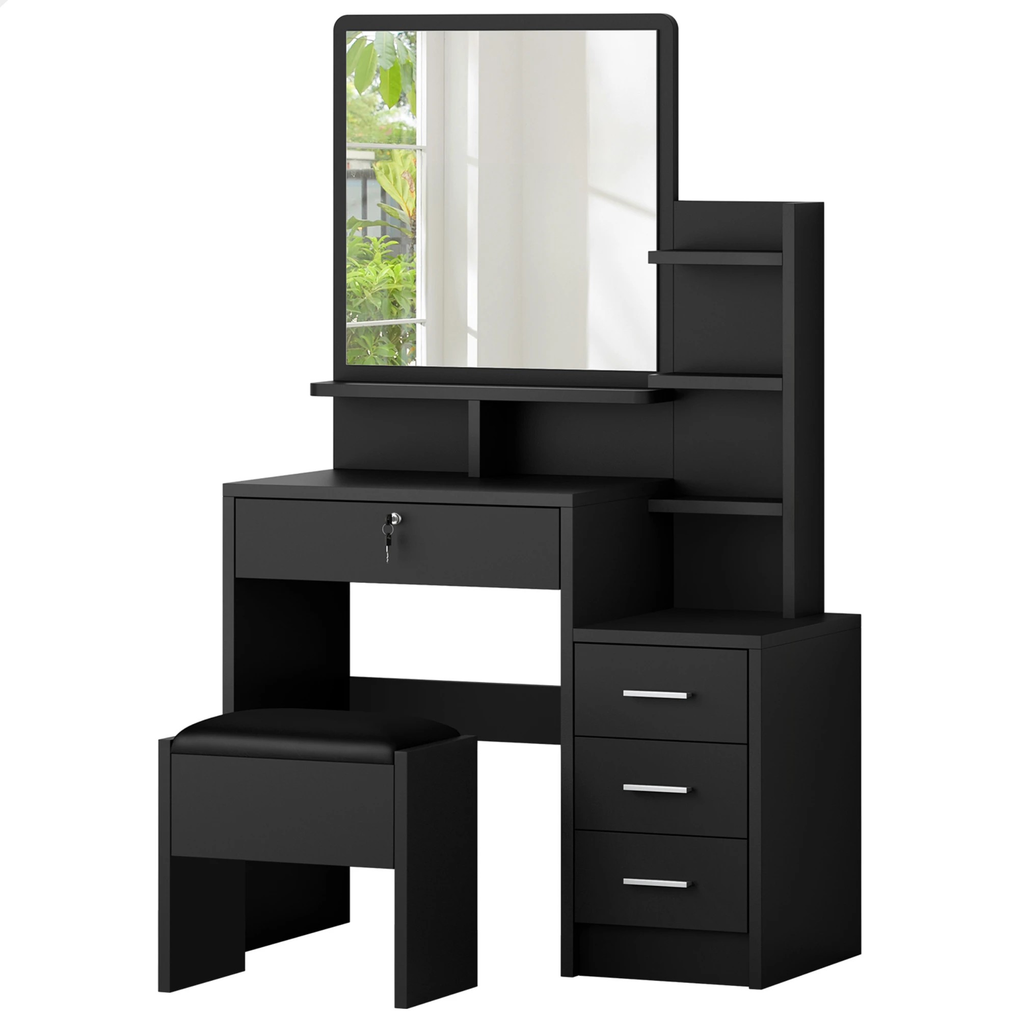 1 Alfordson Dressing Table Stool Set Makeup Mirror Vanity Desk Black - Black, 1 of 10