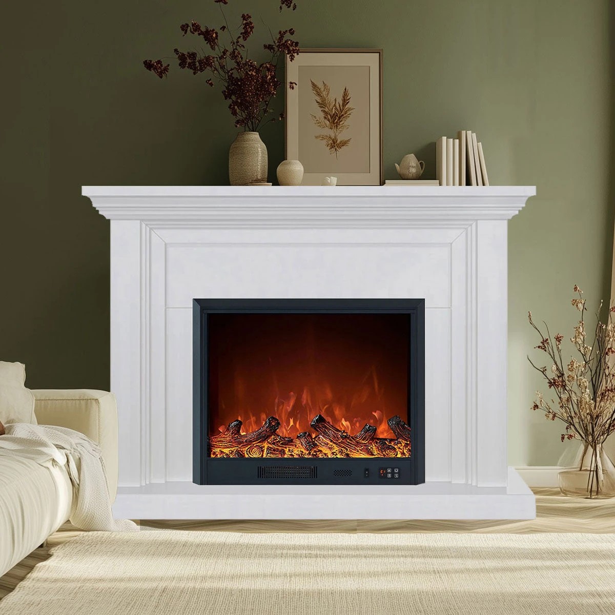 1 Moda Living Kingsley Electric Fireplace Heater White Mantel Suite with Orion Insert - White, 1 of 2