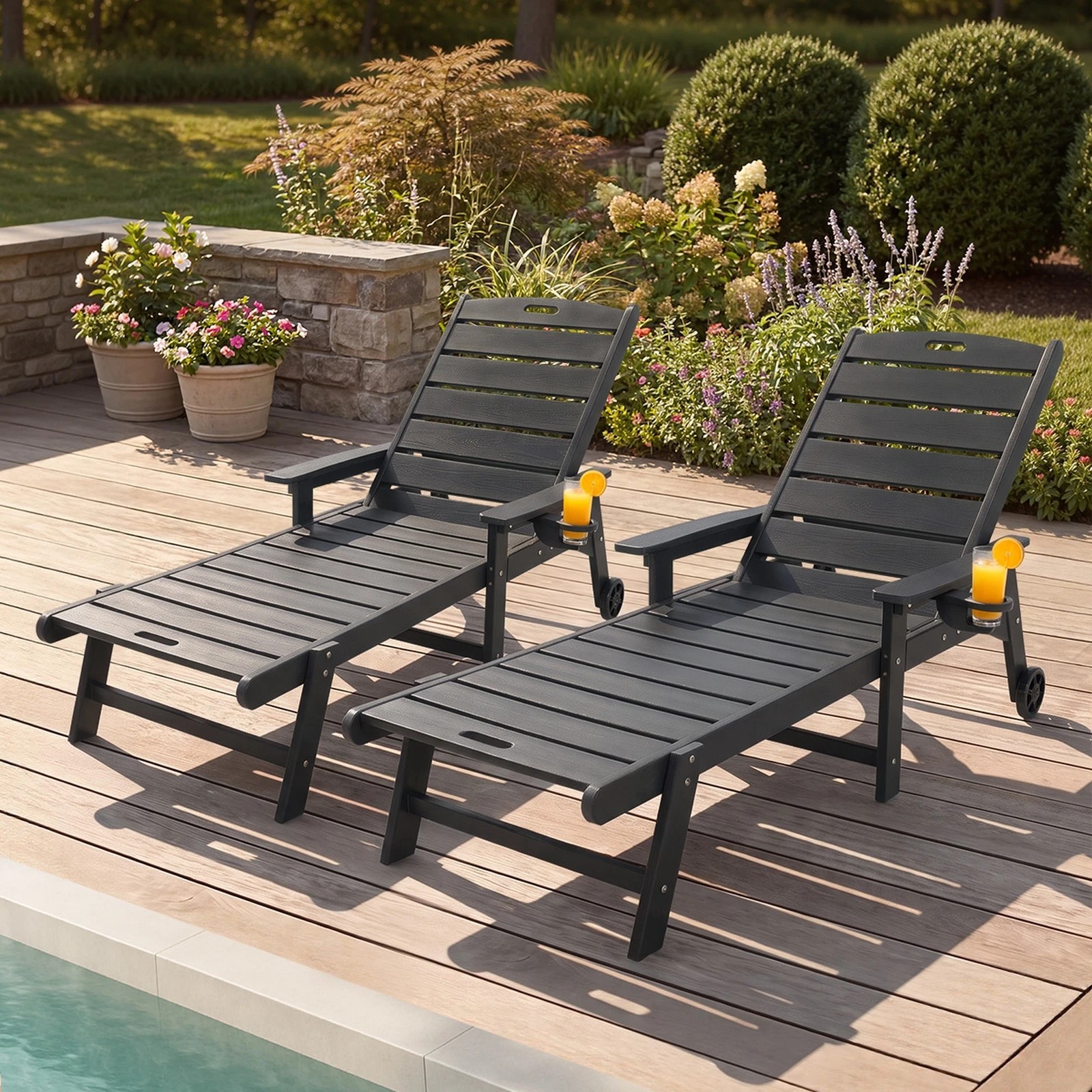 Livsip 2PCS HDPE Sun Lounge Outdoor Lounger Beach Chair - Black - Kmart