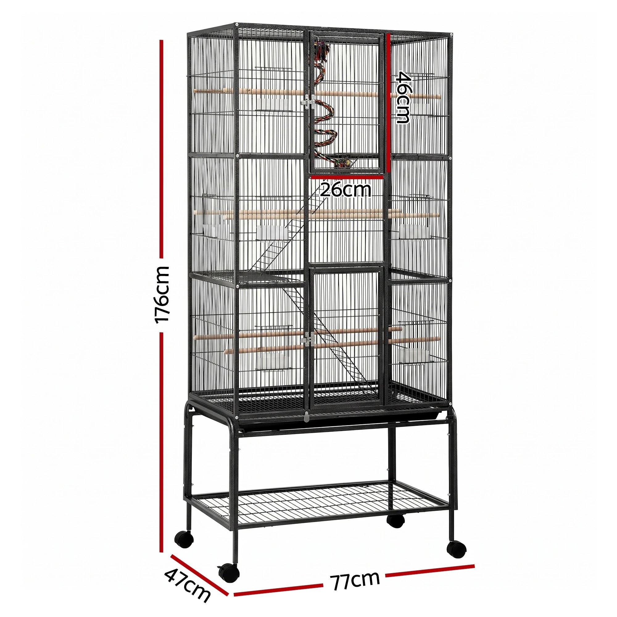 3 i.Pet 3-Tier Large Bird Cage Aviary with Ladder Parrot Budgie Wheels - Black, 3 of 8