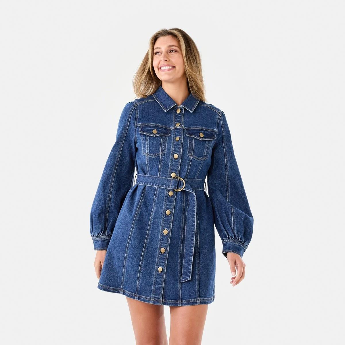 1 Long Sleeve Belted Denim Mini Dress Mid Wash, 1 of 7