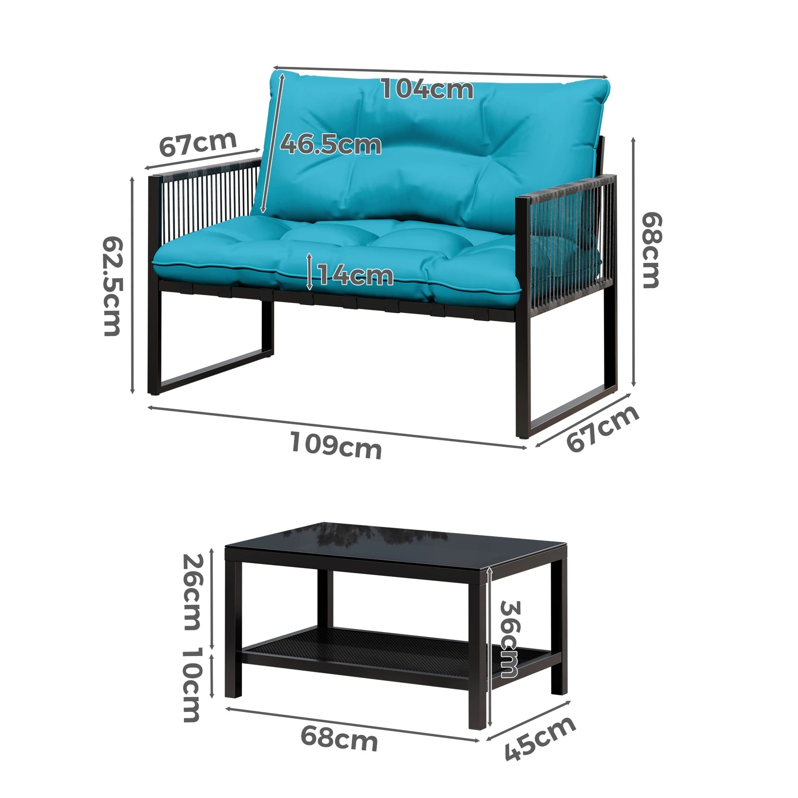 5 Alfordson 2PCS Outdoor Lounge Sofa Set Wicker Furniture Table and Chairs Garden - Blue, 5 of 10