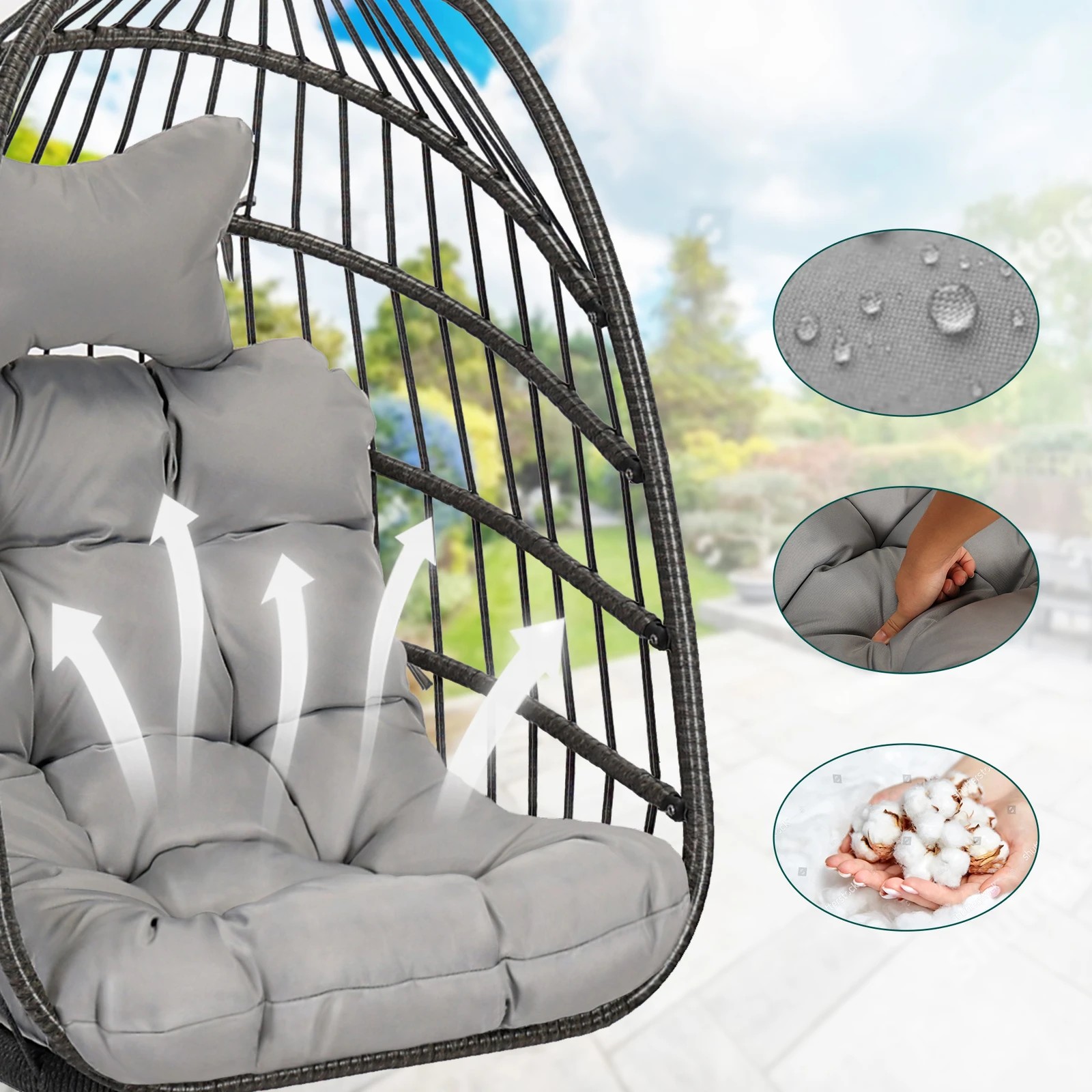 6 Alfordson Outdoor Egg Swing Chair Wicker Rattan Pod Foldable Seat - Light Grey, 6 of 10