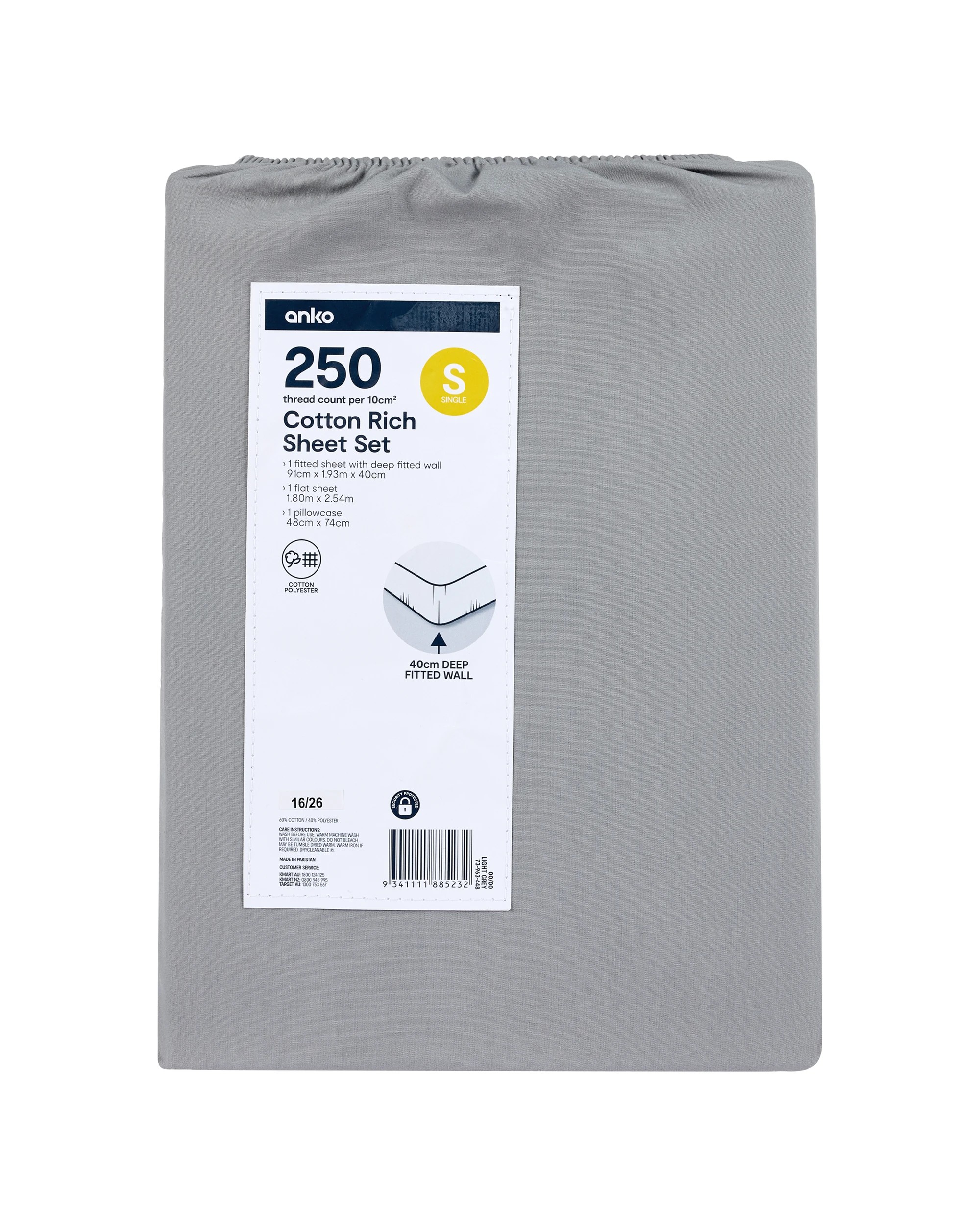 10 250 Thread Count Cotton Rich Sheet Set - Single Bed, Light Grey, 10 of 10