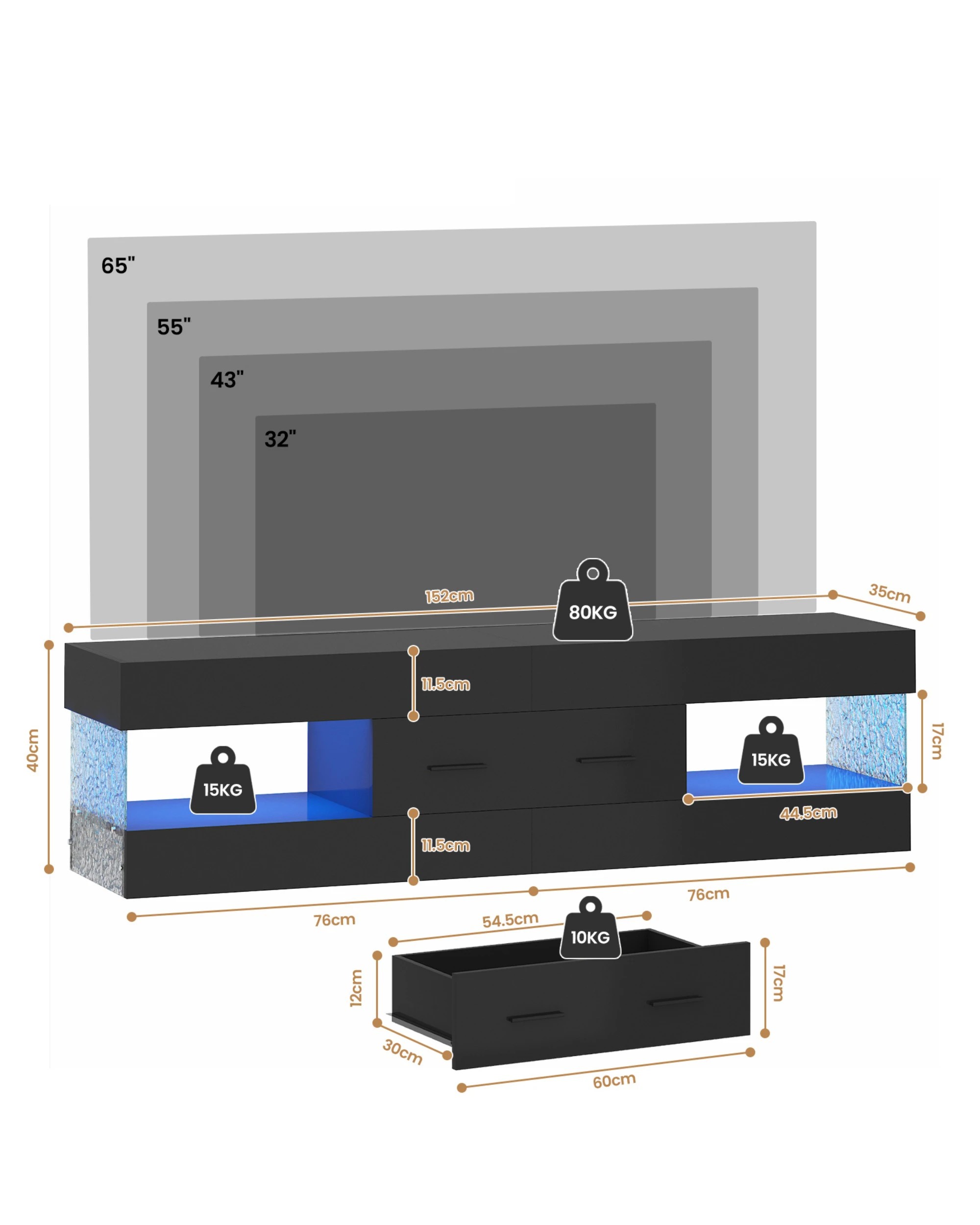 8 Advwin 152cm TV Cabinet LED Entertainment Unit Stand w/ Water Corrugated Side Panels & Drawer, 8 of 8