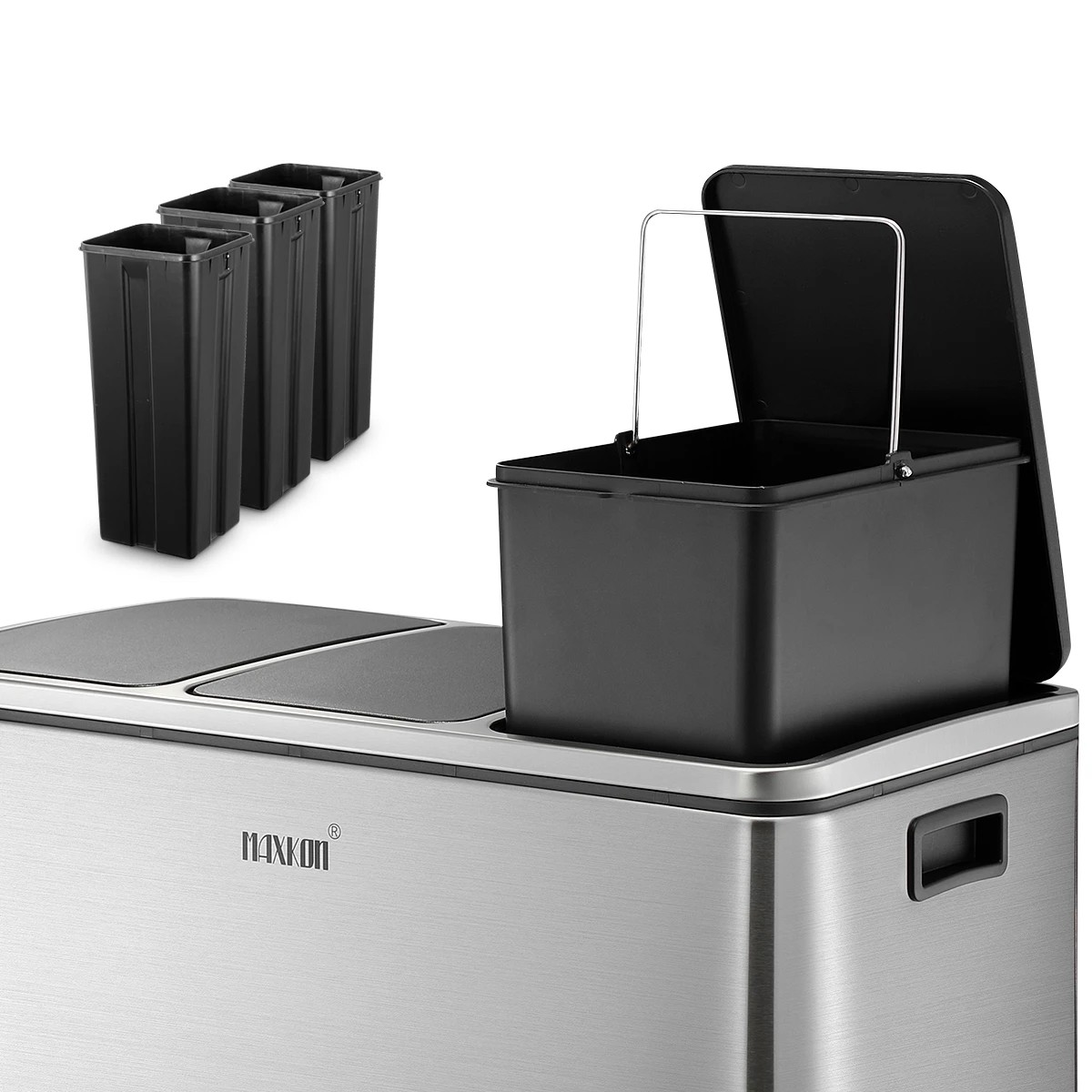 7 Maxkon 54L Rubbish Bin Pedal Recycling Trash Can Kitchen Waste Garbage Household Stepbin with Three Compartments Silver, 7 of 10