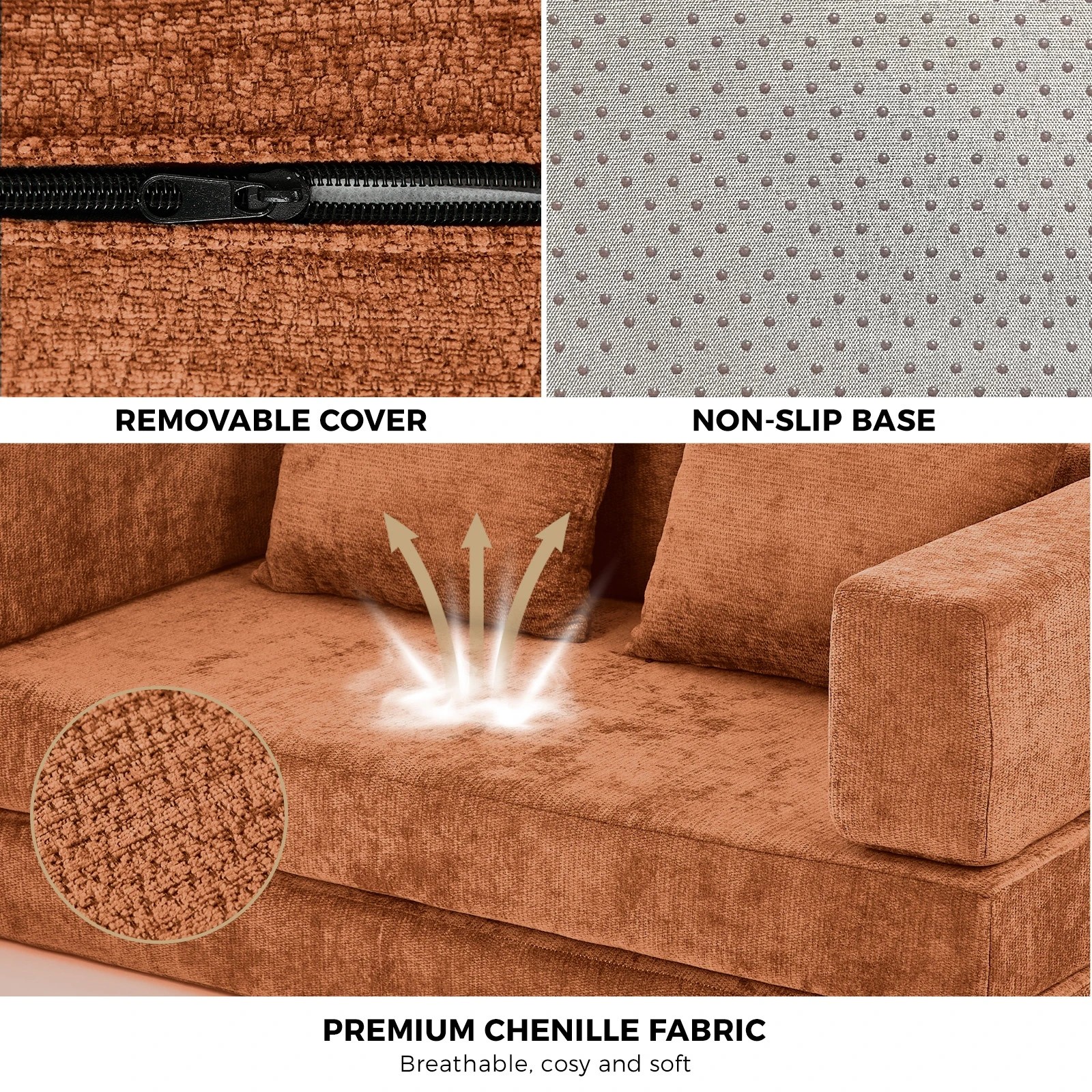8 Oikiture 3 Seater Modular Convertible Sofa Bed Chenille Floor Couch - Brown, 8 of 9