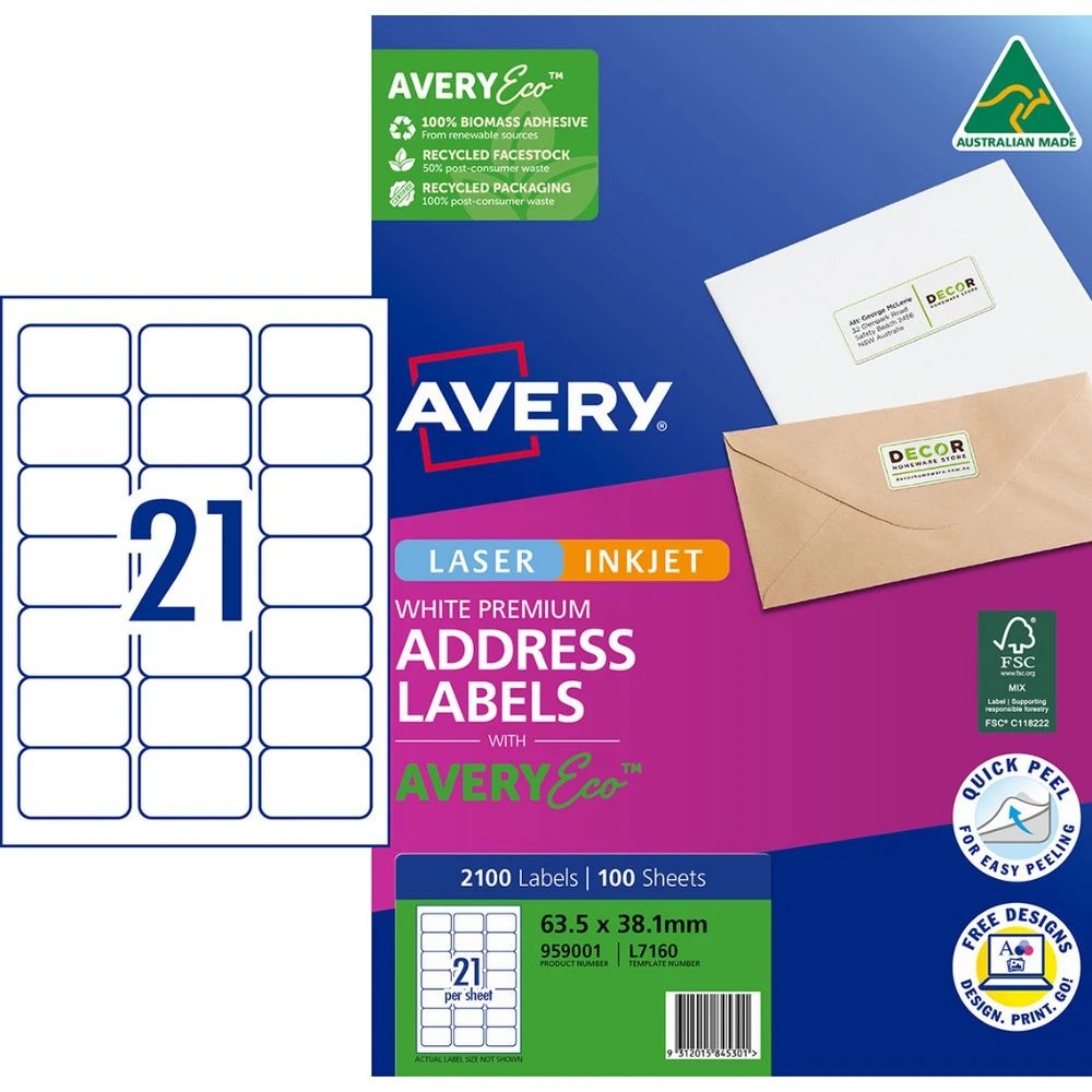 1 Avery Premium Whte Address Labels AveryEco 21UP 100sh 64x38mm, 1 of 10