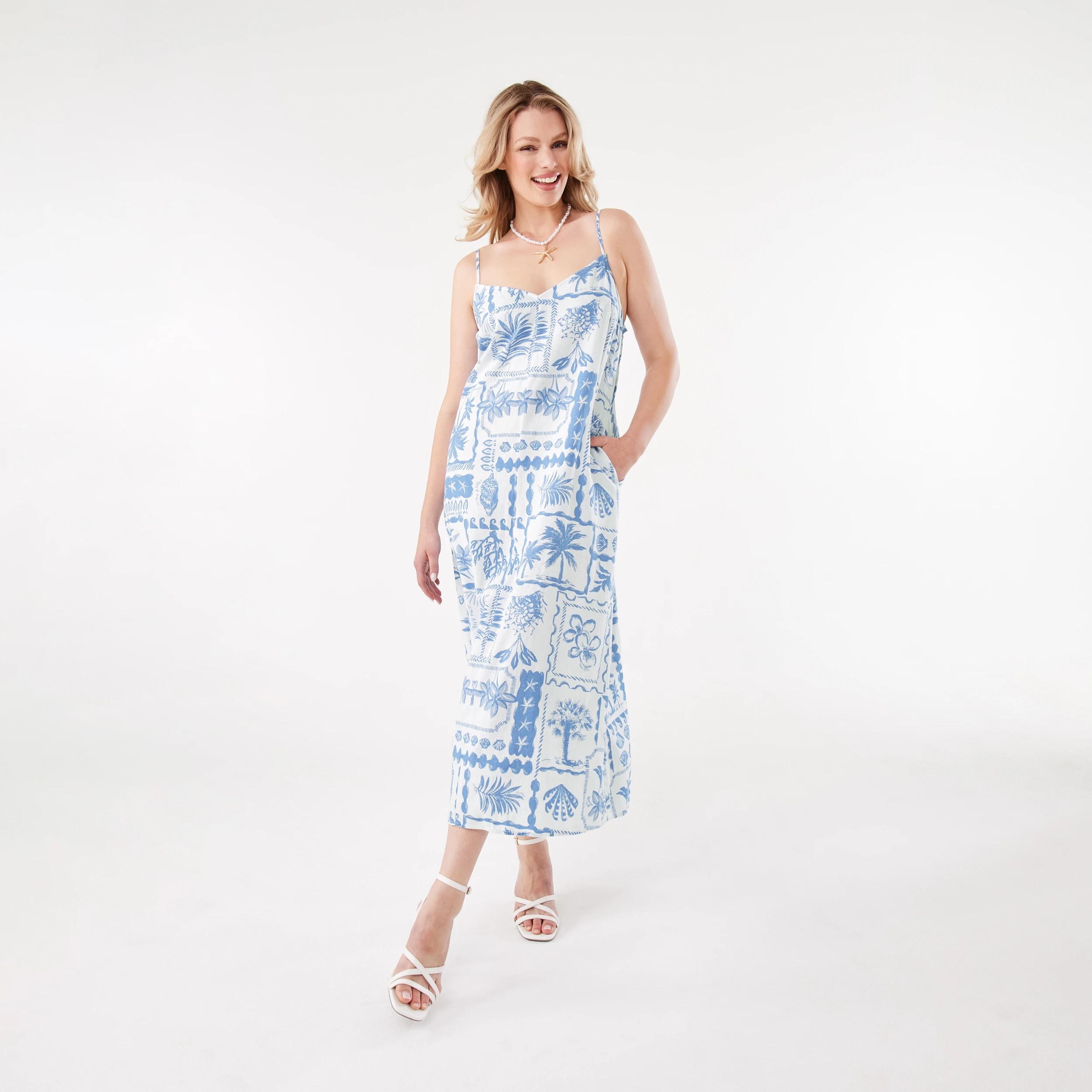 1 Sleeveless V-Neck Linen Blend Midi Dress Pcard Blue, 1 of 9