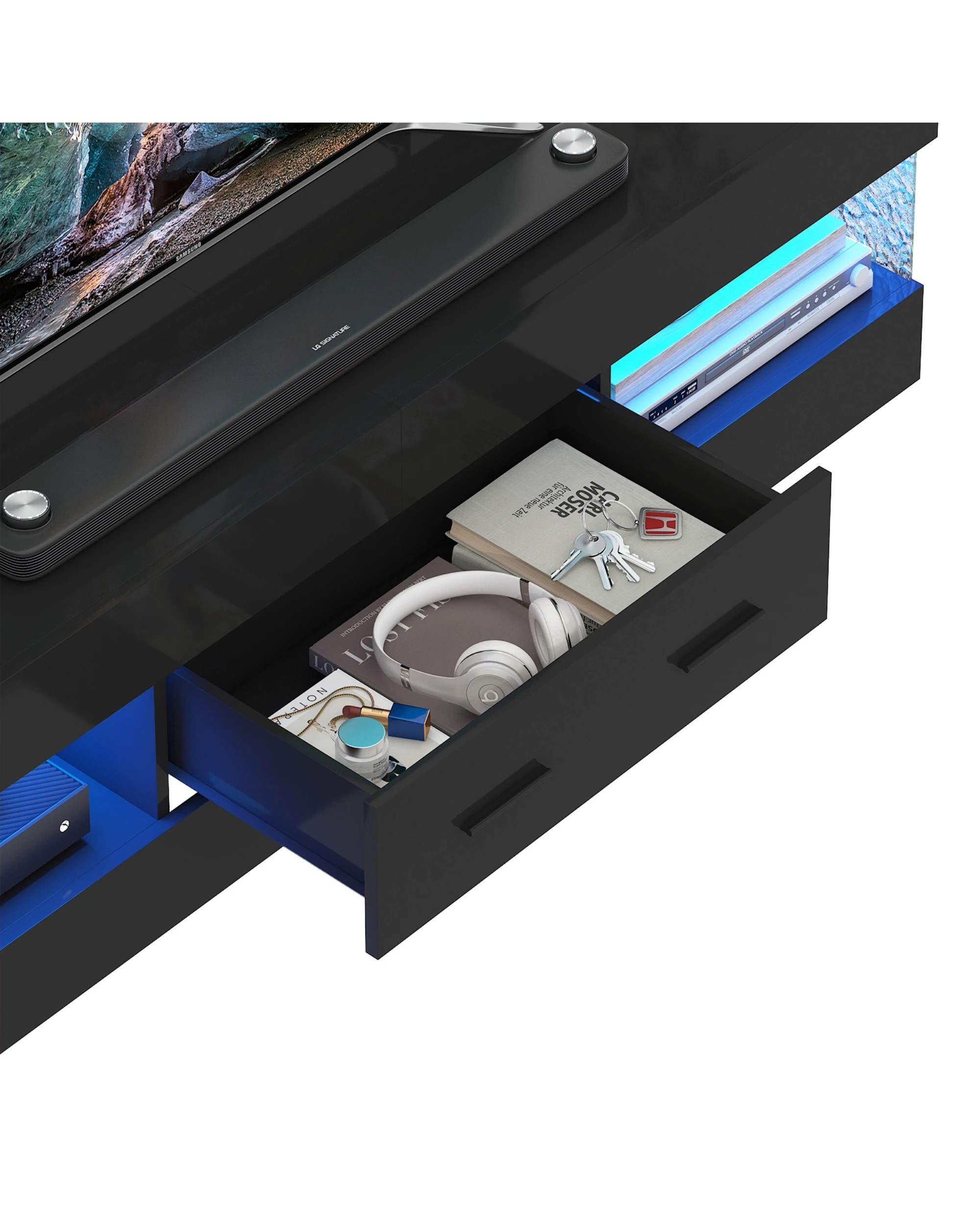 5 Advwin 152cm TV Cabinet LED Entertainment Unit Stand w/ Water Corrugated Side Panels & Drawer, 5 of 8