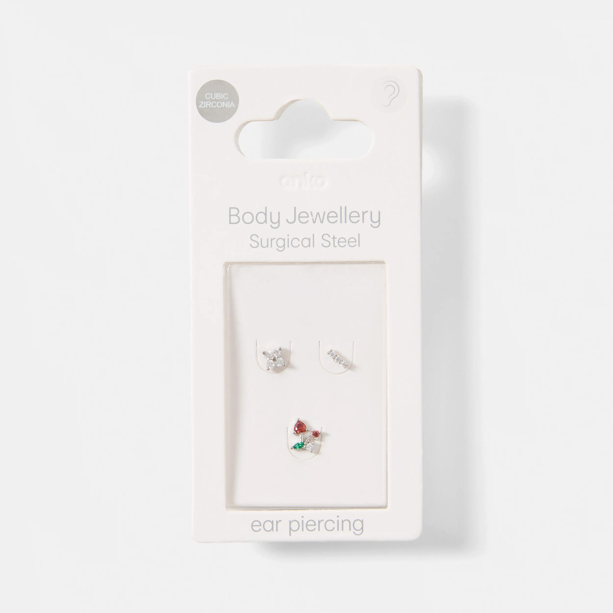 4 3 Pack Cubic Zirconia Cherry Ear Piercing Studs - Silver Tone GOLD, 4 of 4