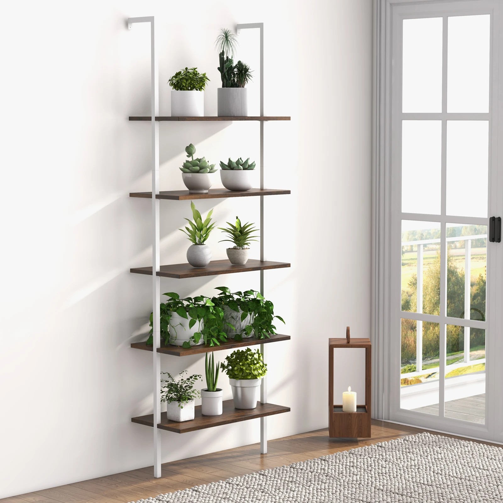 2 Costway 5-Tier Ladder Shelf Wall Mounted Bookshelf Bookcase w/Steel Frame Display Storage Rack - Brown, 2 of 4