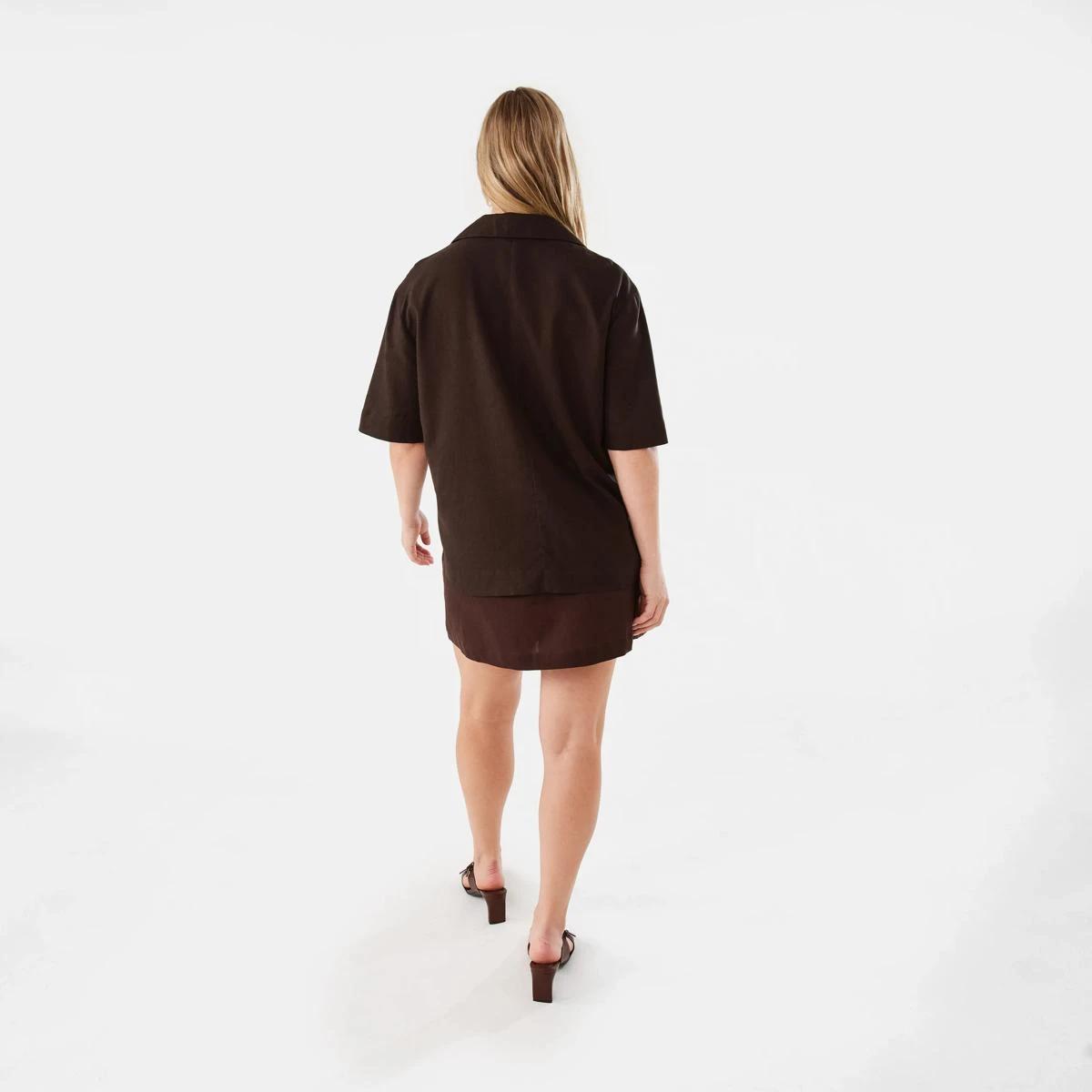 4 Short Sleeve Boxy Linen Blend Shirt MELTED CHOCOLATE, 4 of 9