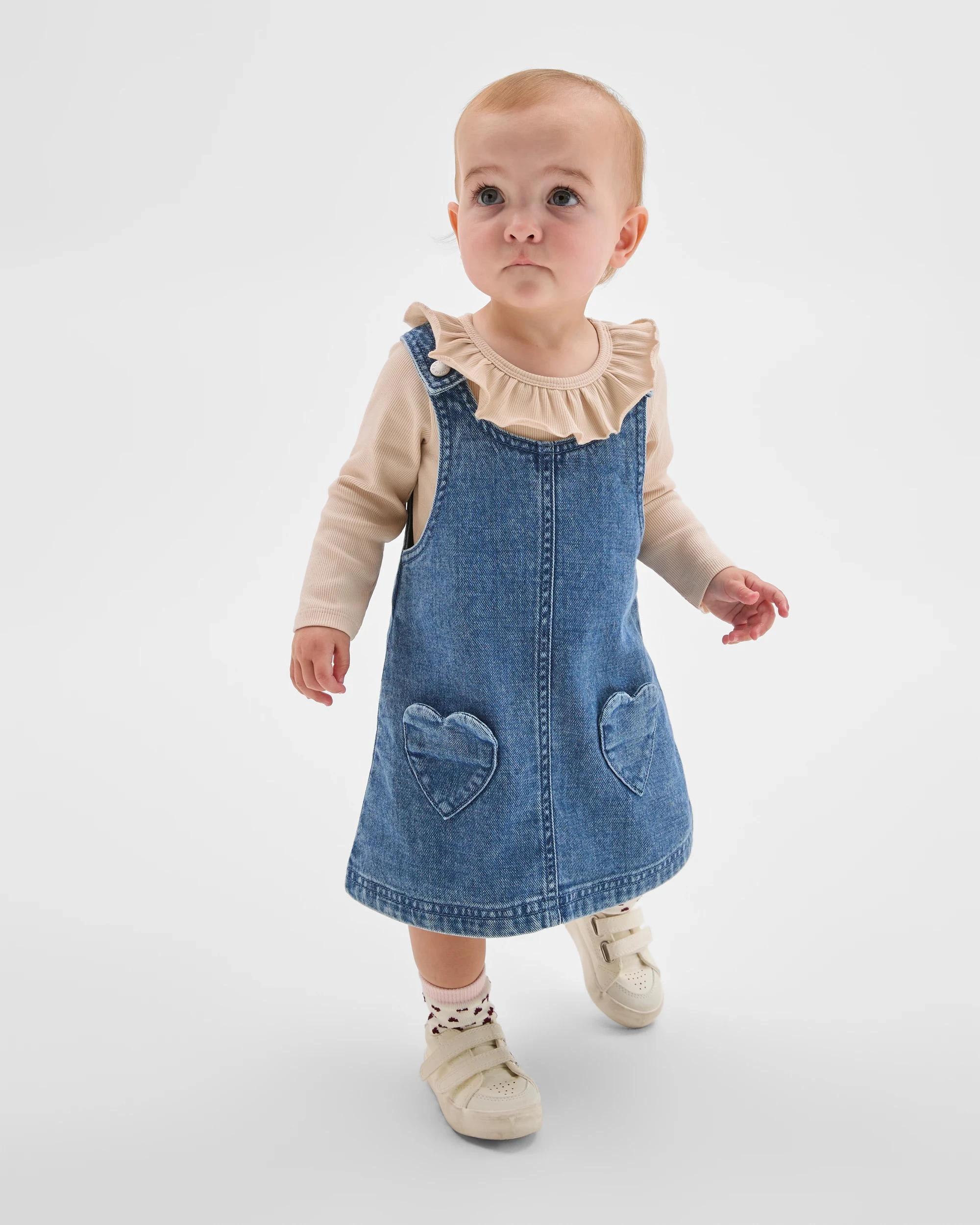 1 Target Baby Baby Organic Cotton Bodysuit and Denim Pinafore 2 Piece Set MID WASH, 1 of 3