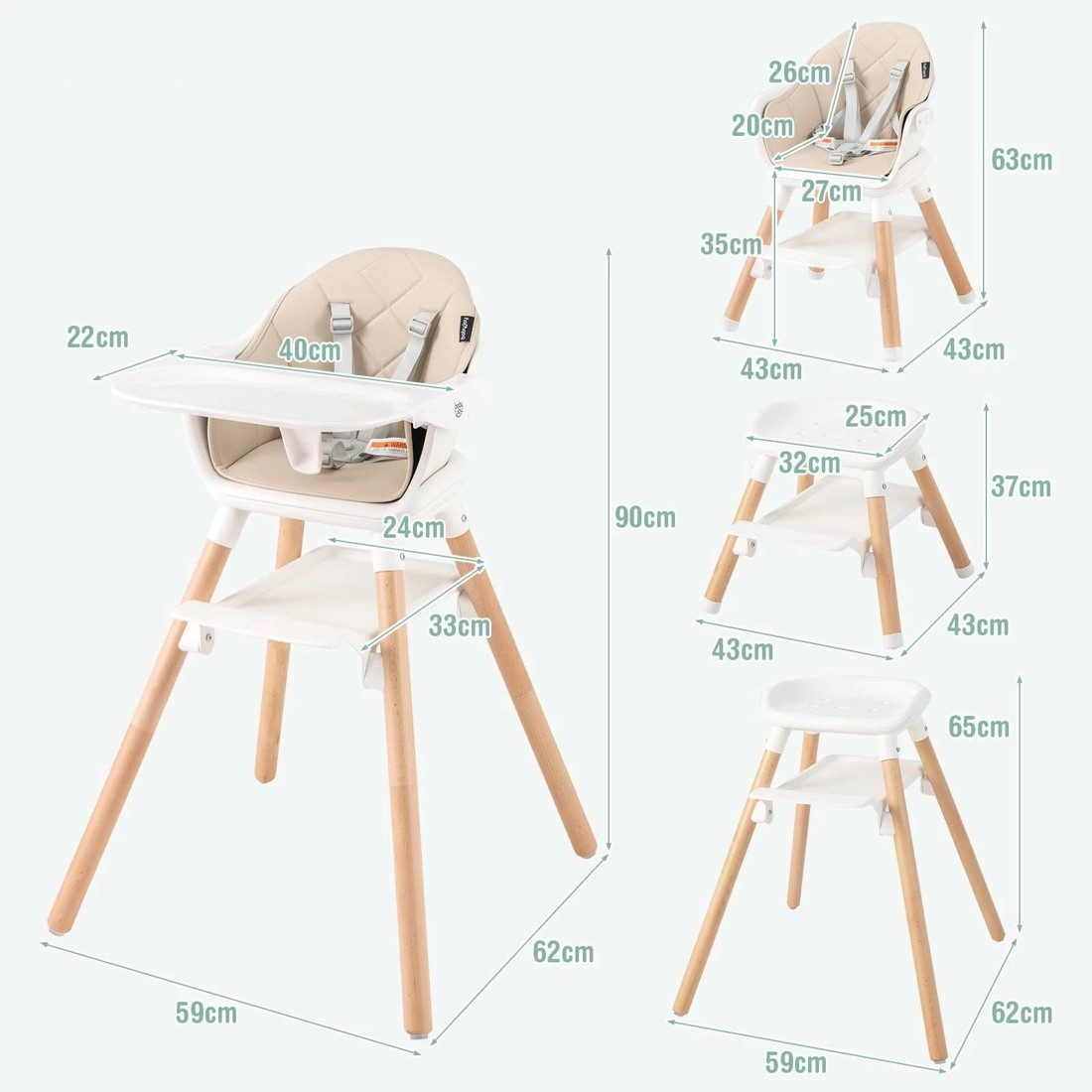2 Costway High Chair Wooden Dining Seat Beige, 2 of 2