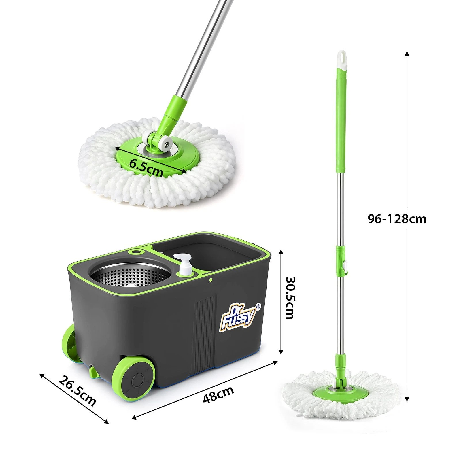 Dr Fussy 11L Spin Mop and Bucket with Wheels, 4 Microfibre Heads 360 ...