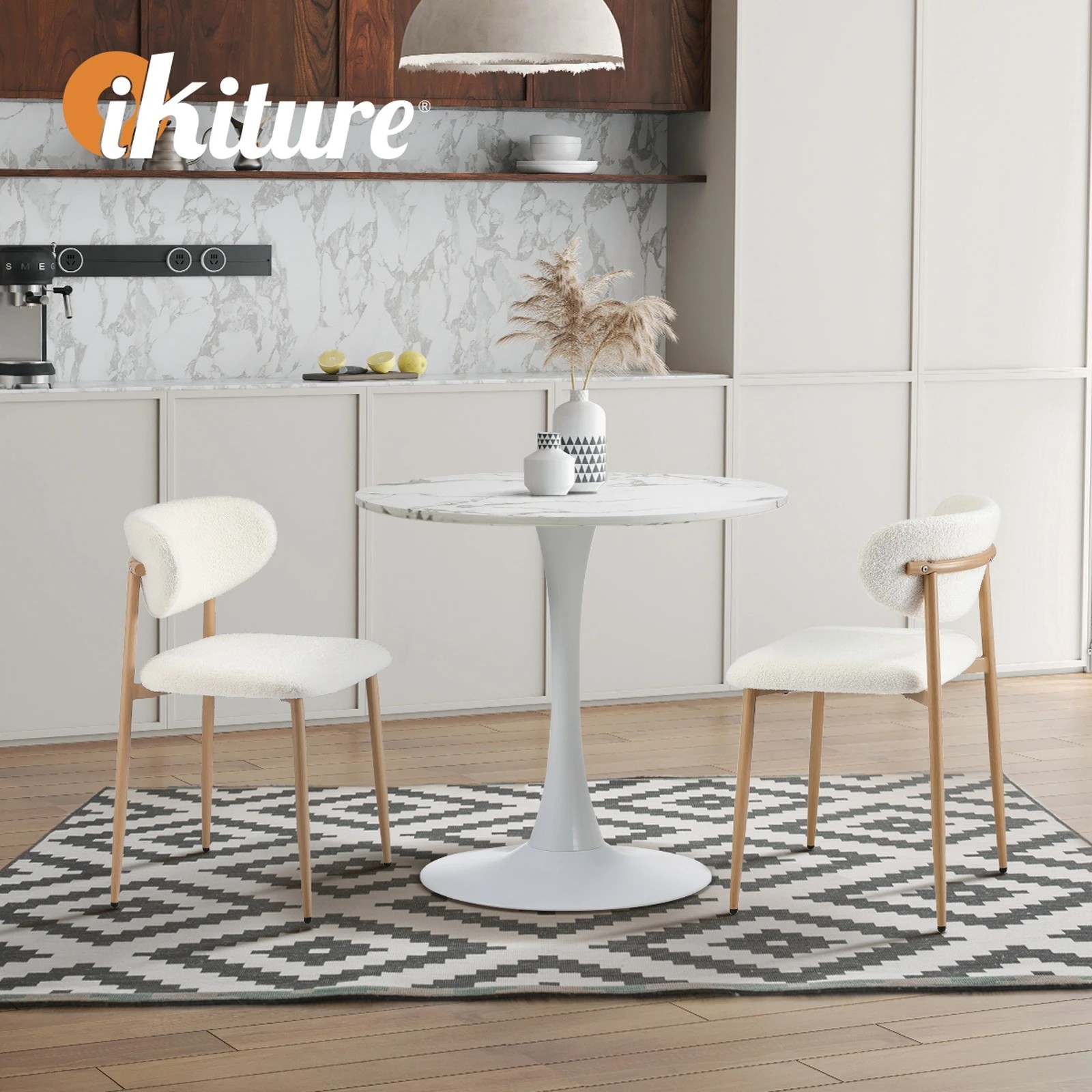 6 Oikiture 60cm Round Dining Table with 2x Dining Chairs Boucle - Multi, 6 of 9