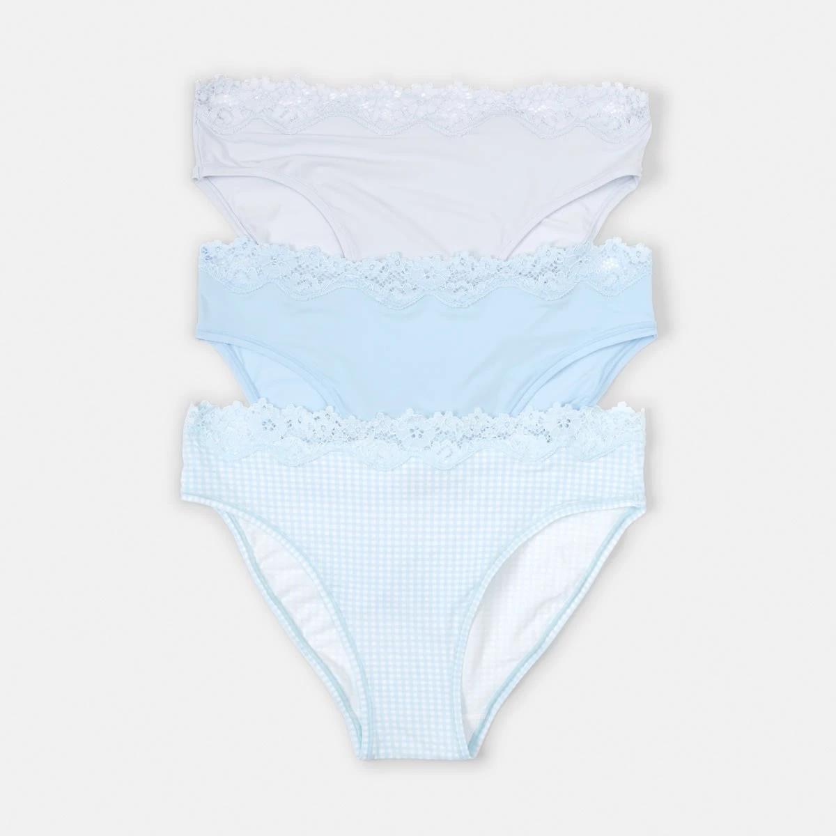 1 3 Pack Super Soft Lace Bikini Briefs MINI CHECK, WINDY BLUE, HALOGEN BLUE, 1 of 9
