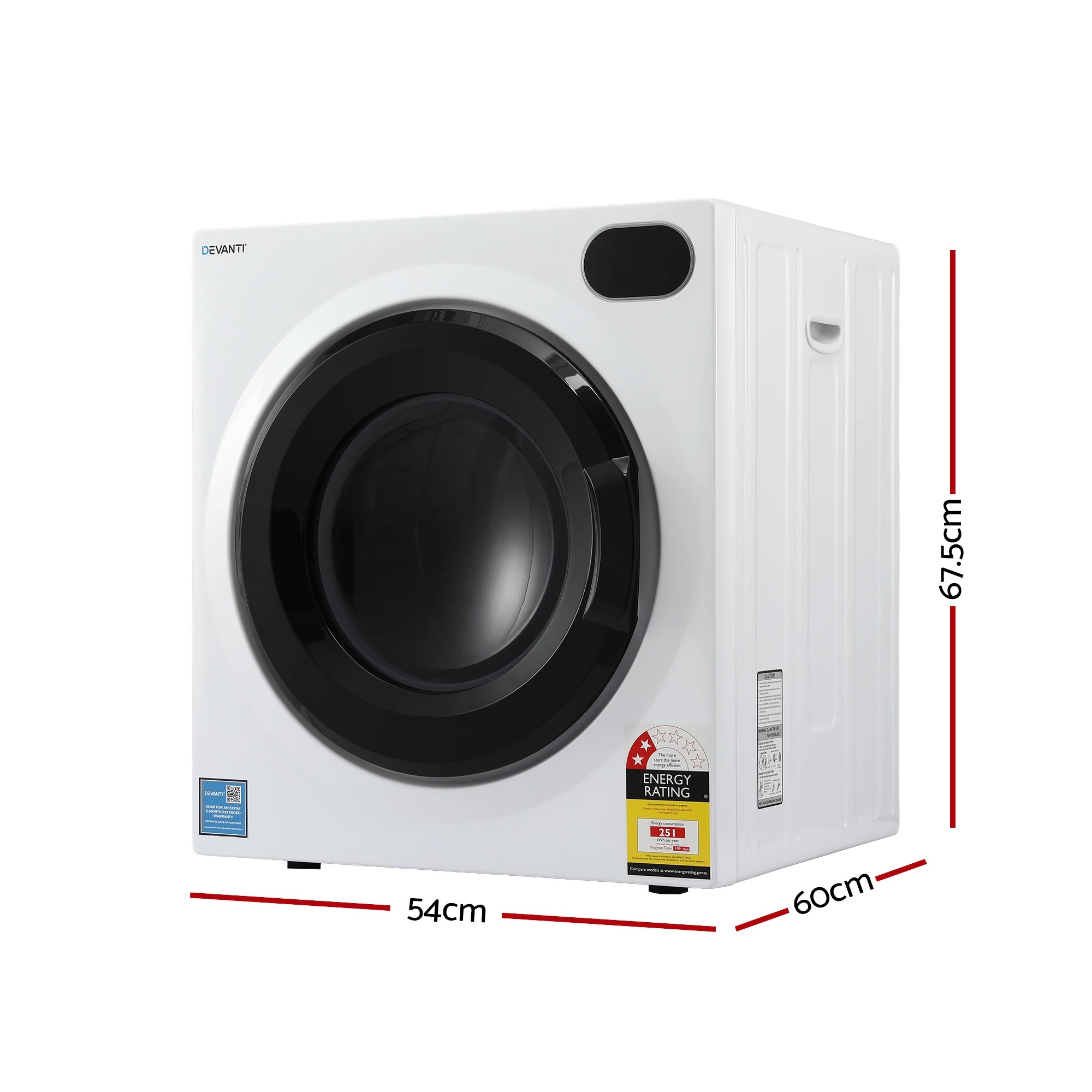 2 Devanti 6kg Tumble Dryer, Intelligent Touch Screen Clothes Dryer with 4 Drying Modes Stainless Steel Drum - White, 2 of 9
