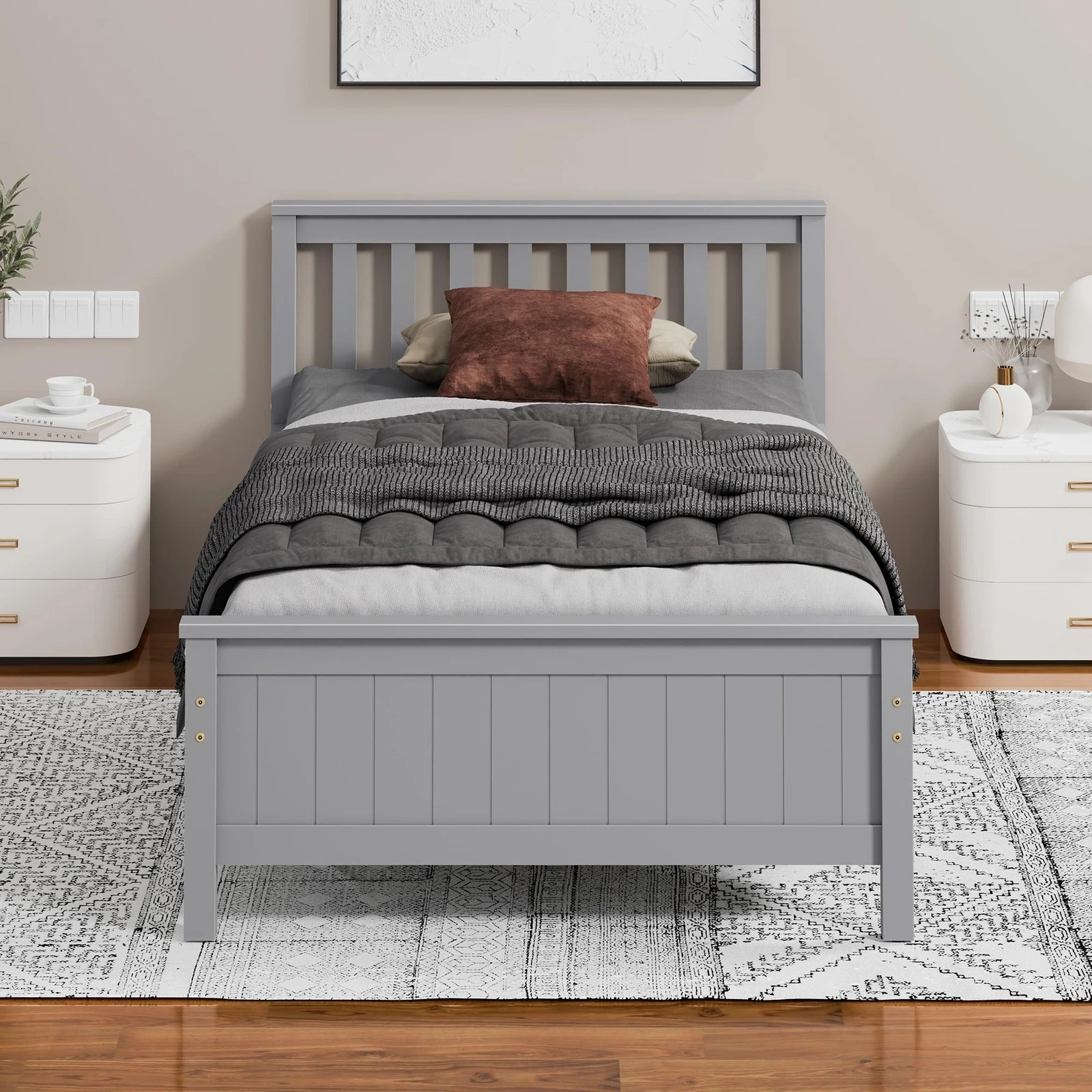 3 Alfordson Bed Frame Wooden King Single Slatted Headboard Timber Fabiano - Grey, 3 of 10