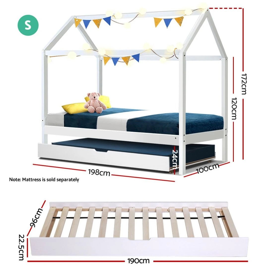 2 Artiss Bed Frame Wooden Trundle Daybed Kids House Frame - White, 2 of 4