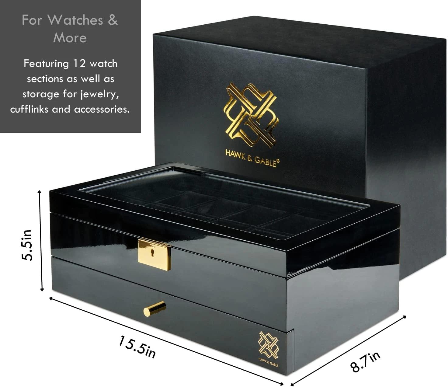 2 HAWK & GABLE 12 Slot Watch Box Organizer with Drawer Luxury Piano Finish Case PIANO BLACK, 2 of 9