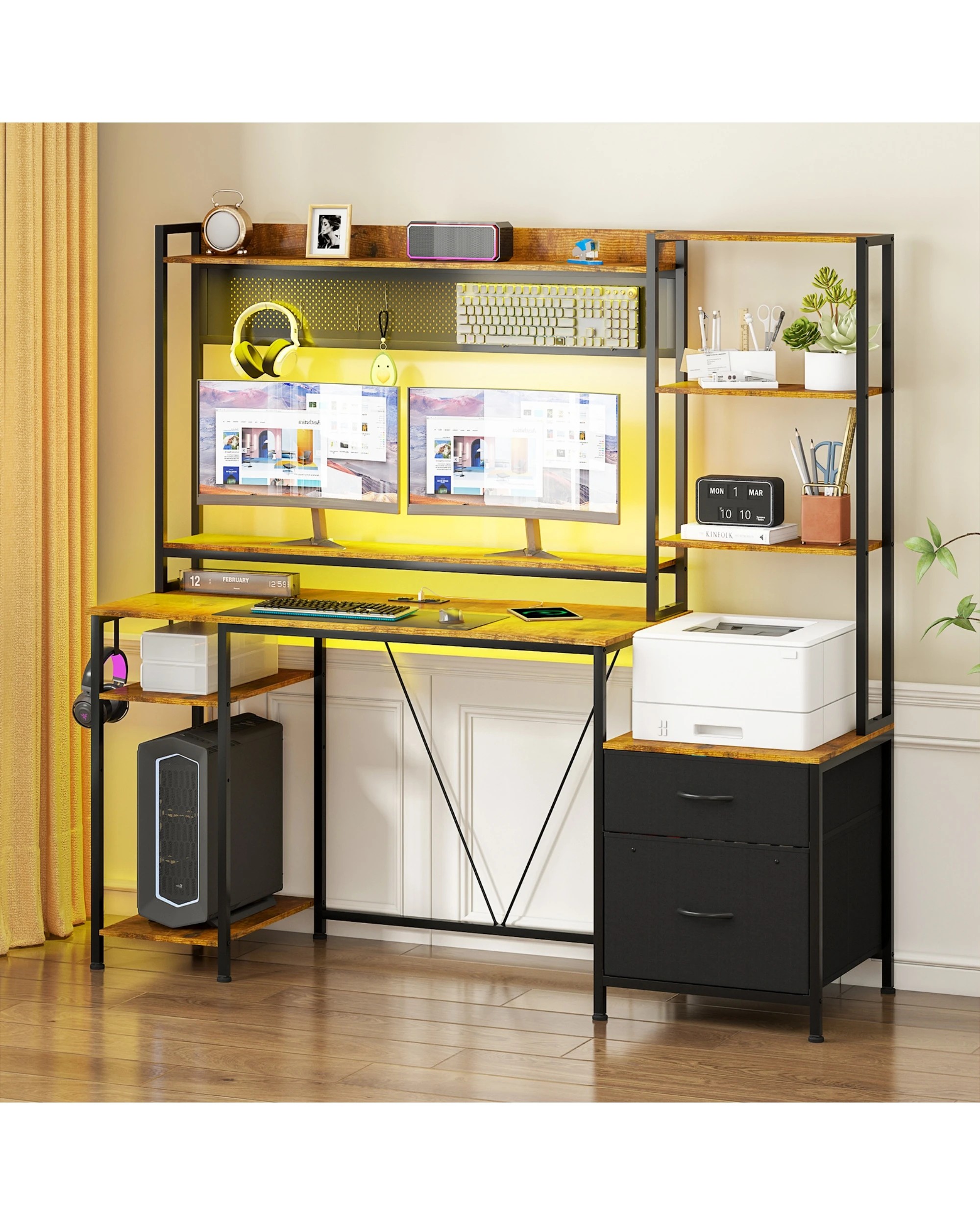 2 Advwin 165cm Reversible  Gaming Desk with LED Lights & Power Outlets - Brown, 2 of 10