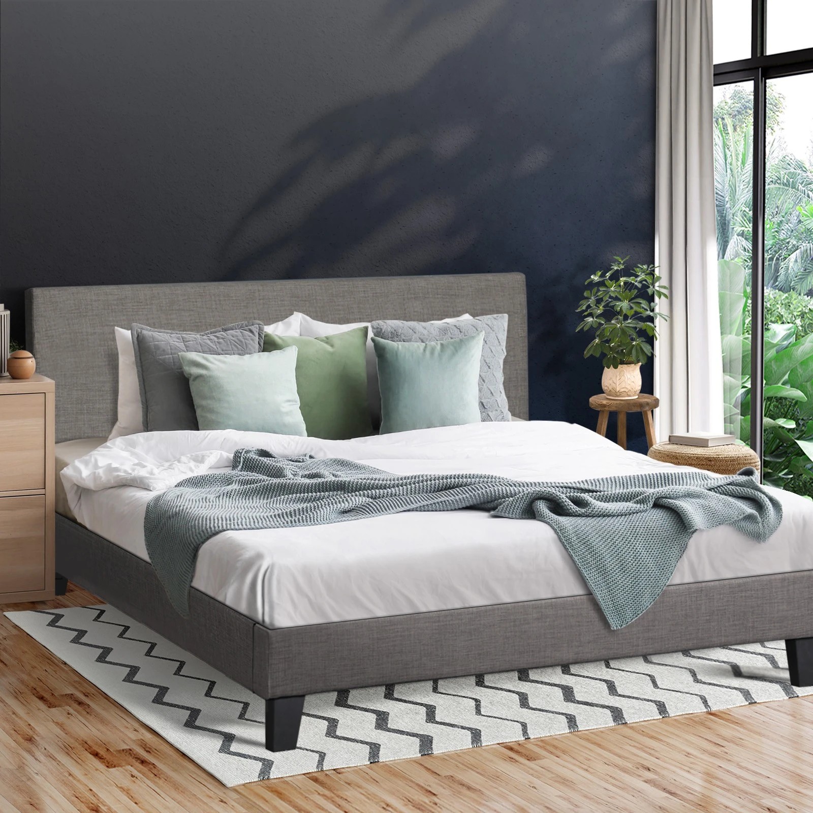 3 Oikiture Bed Frame Queen Size Wooden Slats Fabric - Grey, 3 of 10