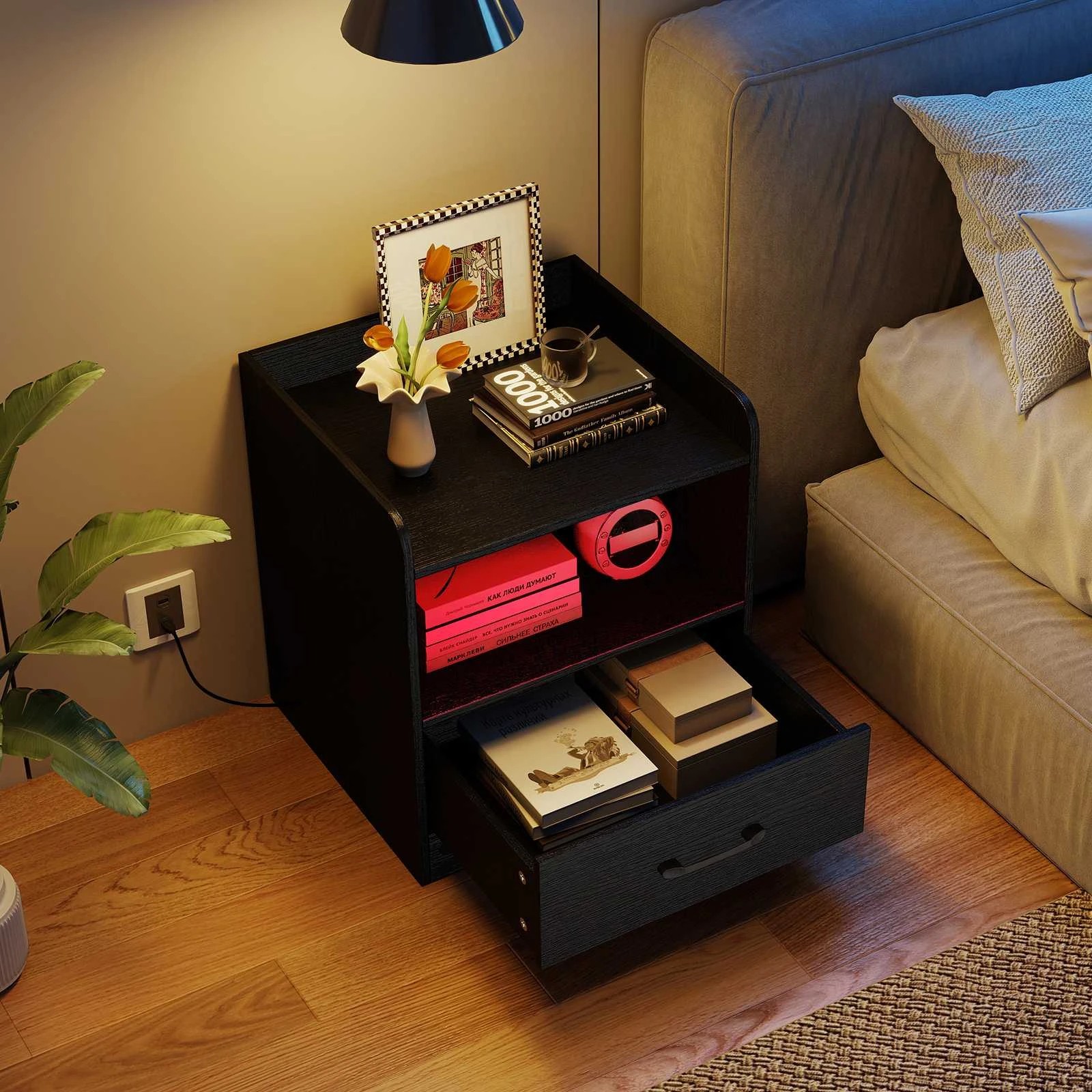 3 Costway Modern Nightstand Bedside Table w/Drawer & Colorful Light Strip, 3 of 4
