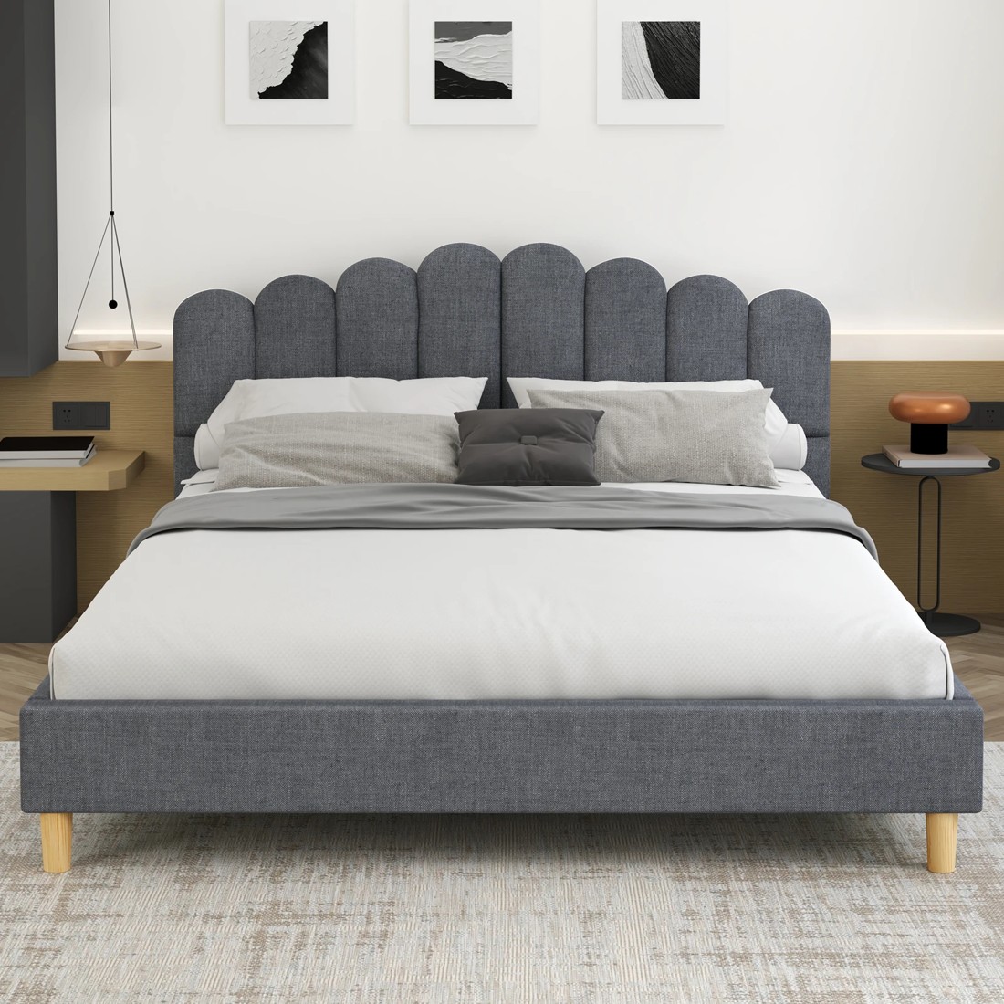 3 Alfordson Bed Frame Double Size Upholstered Platform Base Fabric Tania - Grey, 3 of 10