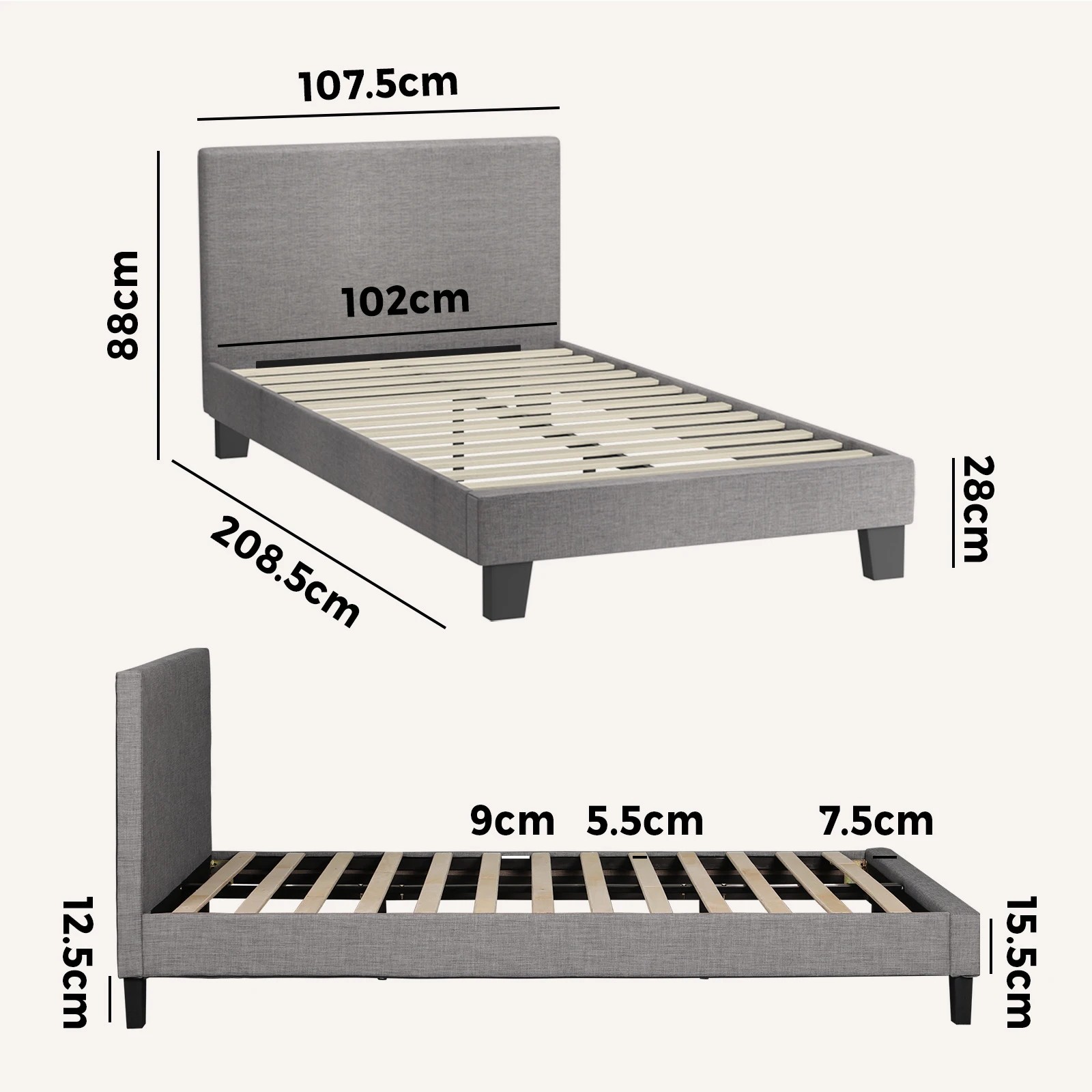 2 Oikiture Bed Frame King Single Size Wooden Slats Fabric - Grey, 2 of 10