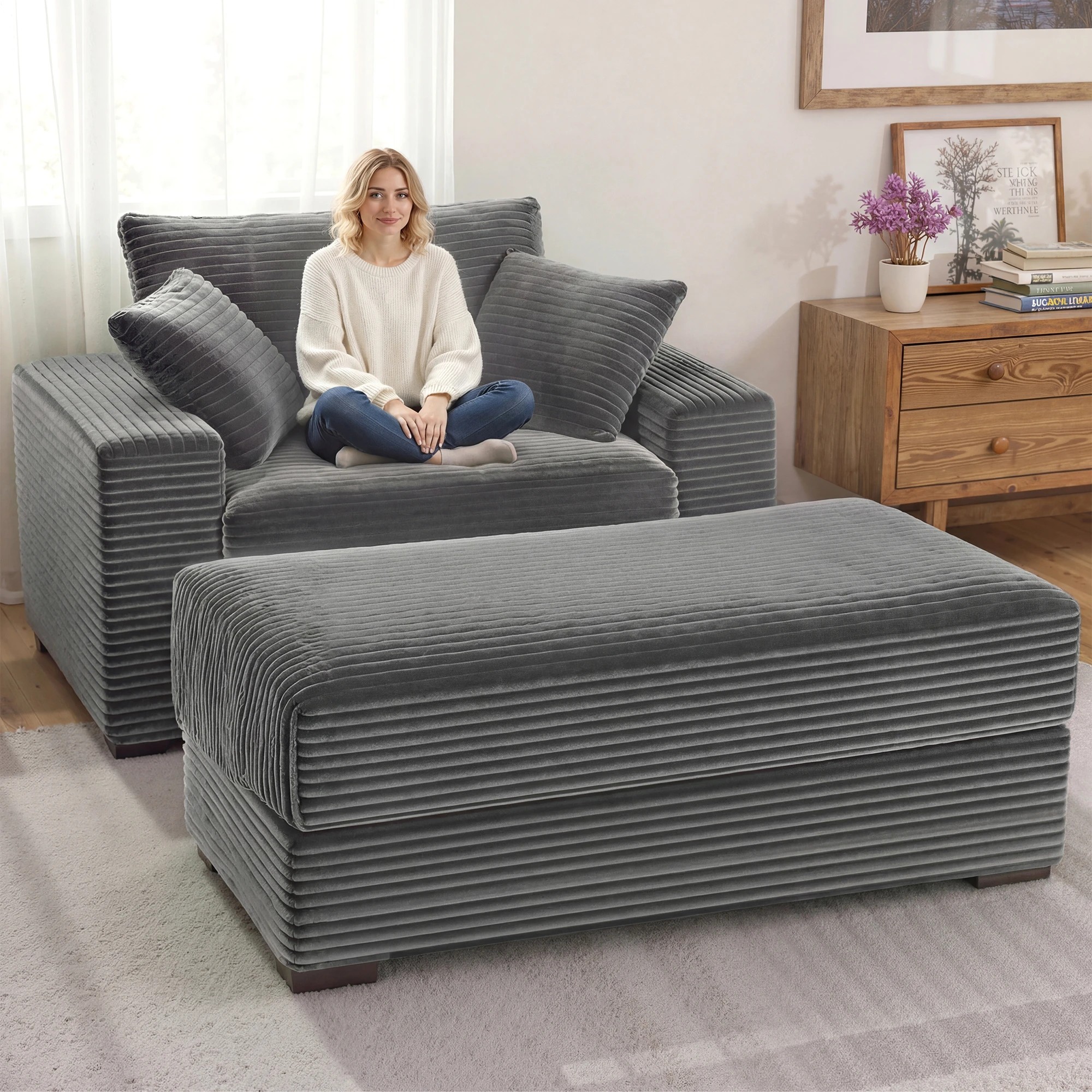 4 Advwin 146cm Chaise Lounge Chair with Storage Ottoman Fluffy Upholstered Sofa Bed - Grey, 4 of 10