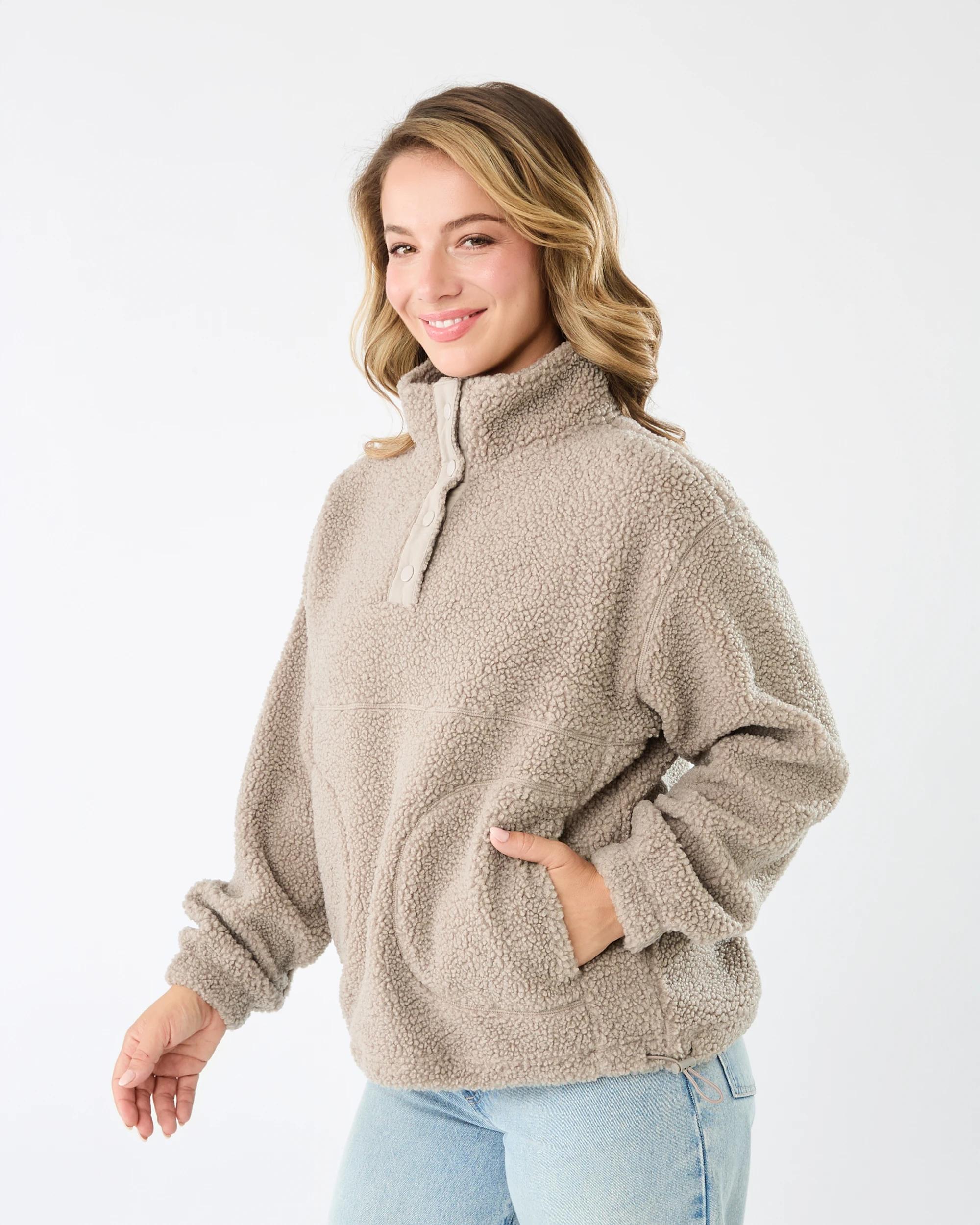 2 Long Sleeve Quarter Button Through Boucle Sweatshirt Grey Taupe, 2 of 6
