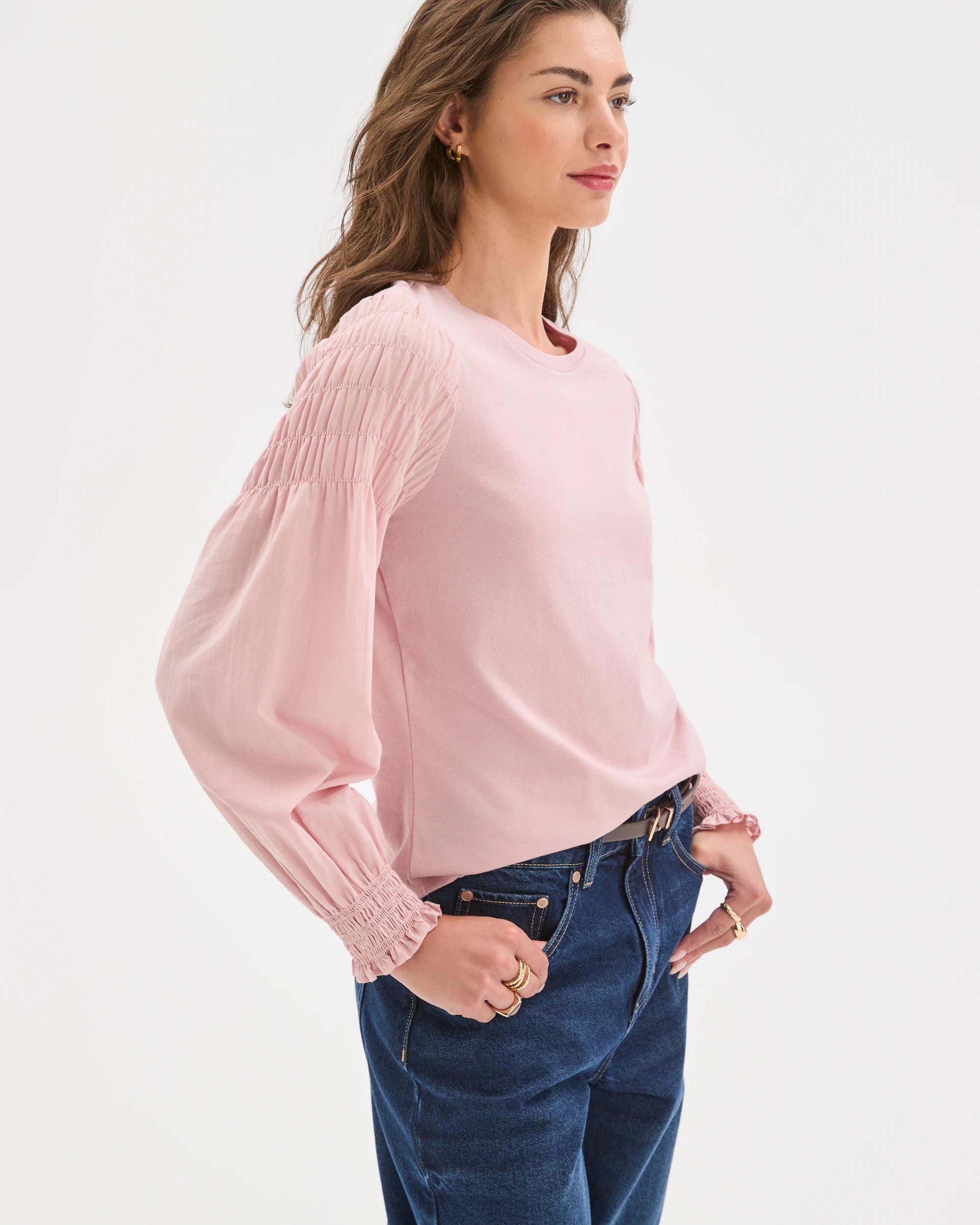 5 Target Petites Australian Cotton Long Sleeve Smocked Knit/Woven Top SOFT BLUSH, 5 of 7