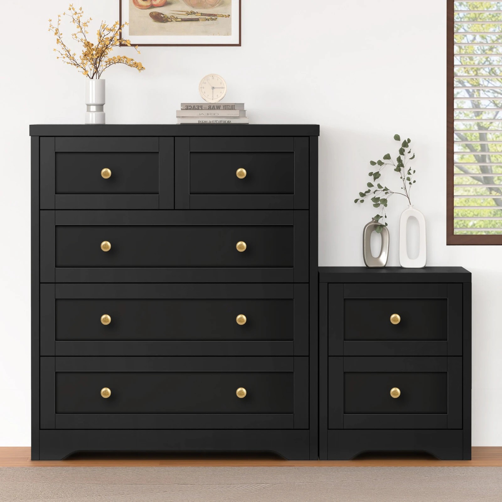 2 Alfordson 5 Chest of Drawers Bedside Table Hamptons Bedroom Storage - Black, 2 of 10