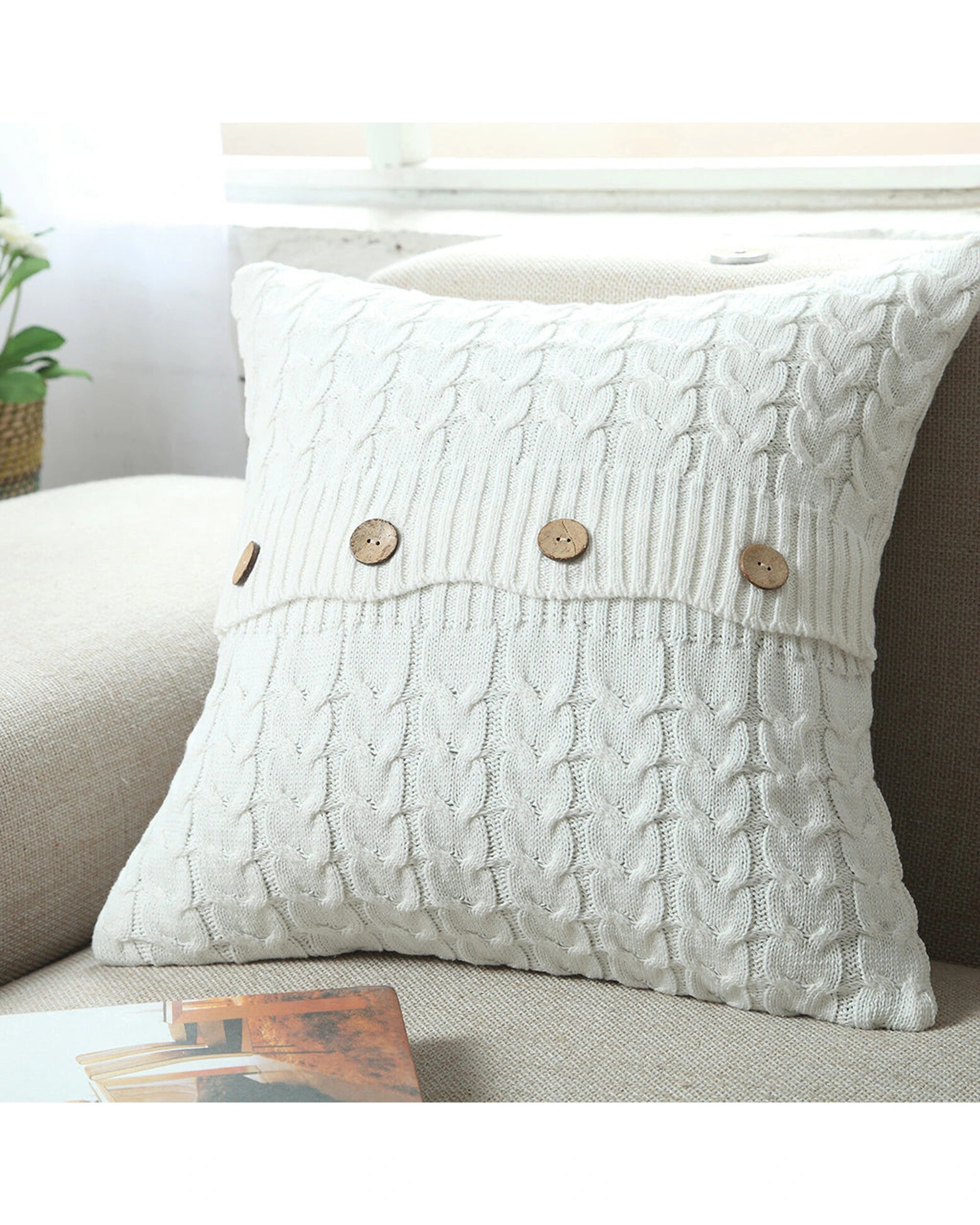 2 Cotton More Sofa Bed Knitted Pillow Cushion Cover Twisted Stripes 45x45cm - White, 2 of 2