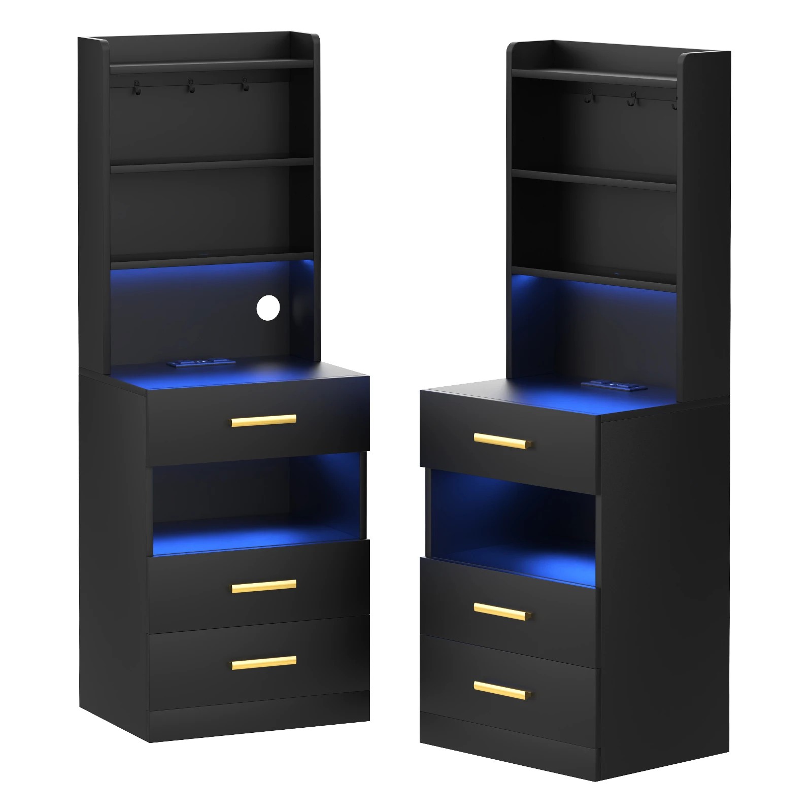 1 Advwin Set of 2 Tall Bedside Table with Charging Station LED Lights 3 Drawers - Black, 1 of 9