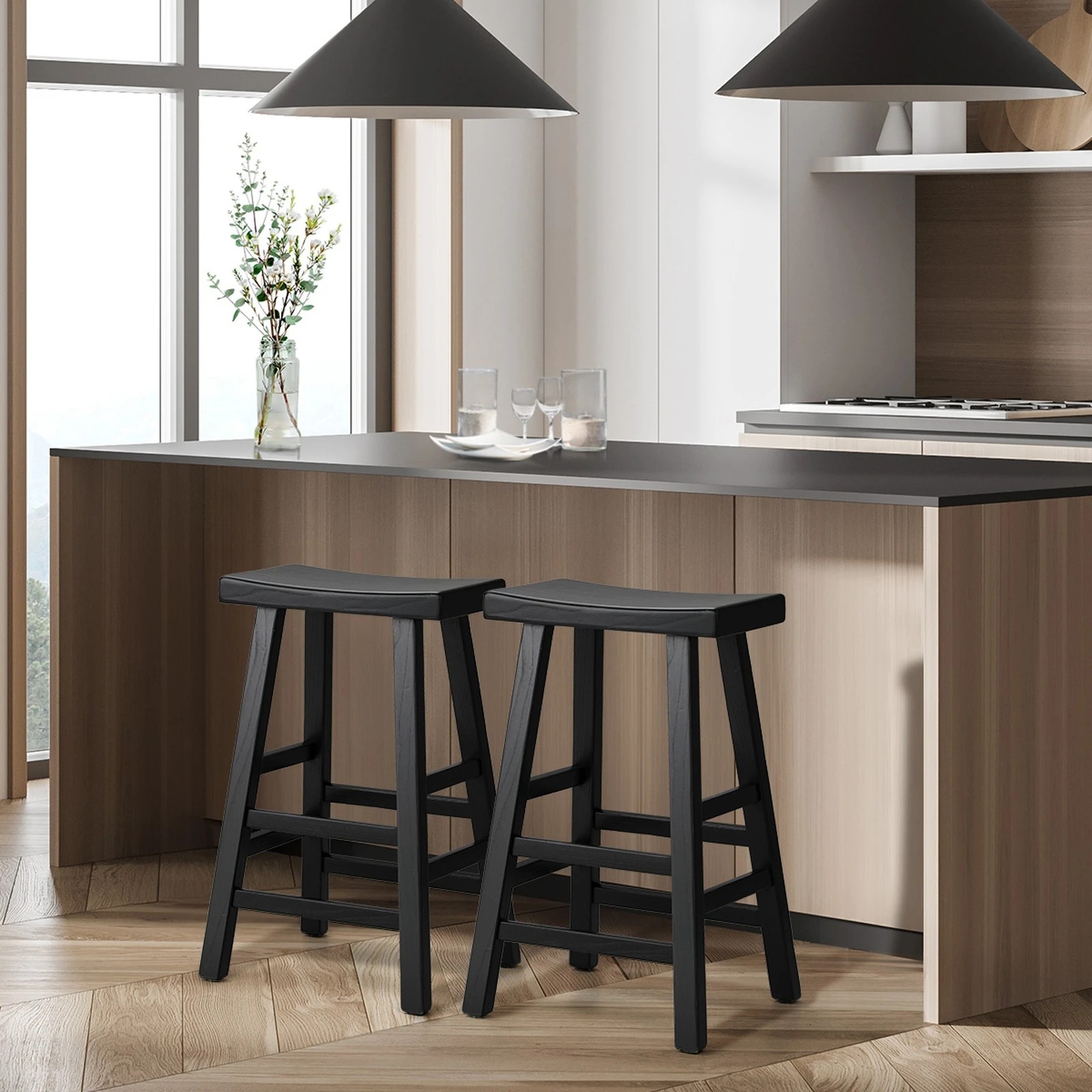 3 Oikiture 2x Bar Stools Kitchen Stool Wooden Counter Chairs Barstools
 - Black, 3 of 10