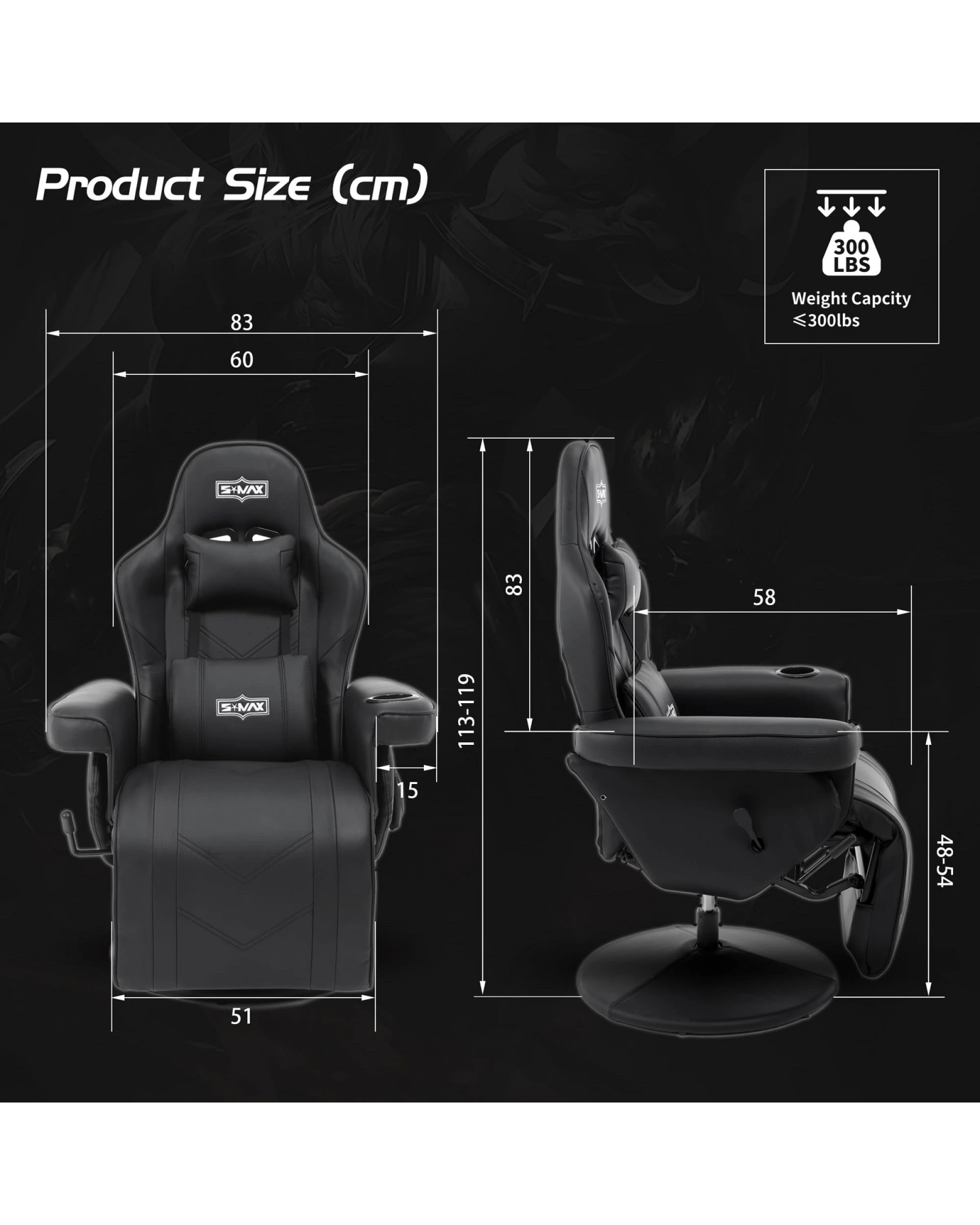 5 BR Home Gaming Recliner Chair with Gas Lift Height Adjustment in Black, 5 of 6