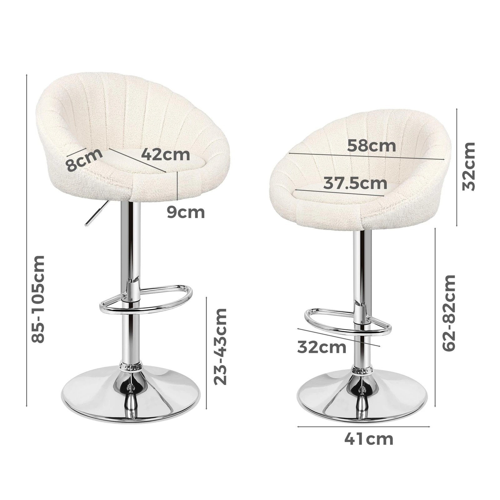 7 Alfordson 2x Bar Stools Gas Lift Sherpa Bar Chairs Kitchen Swivel - Beige, 7 of 9