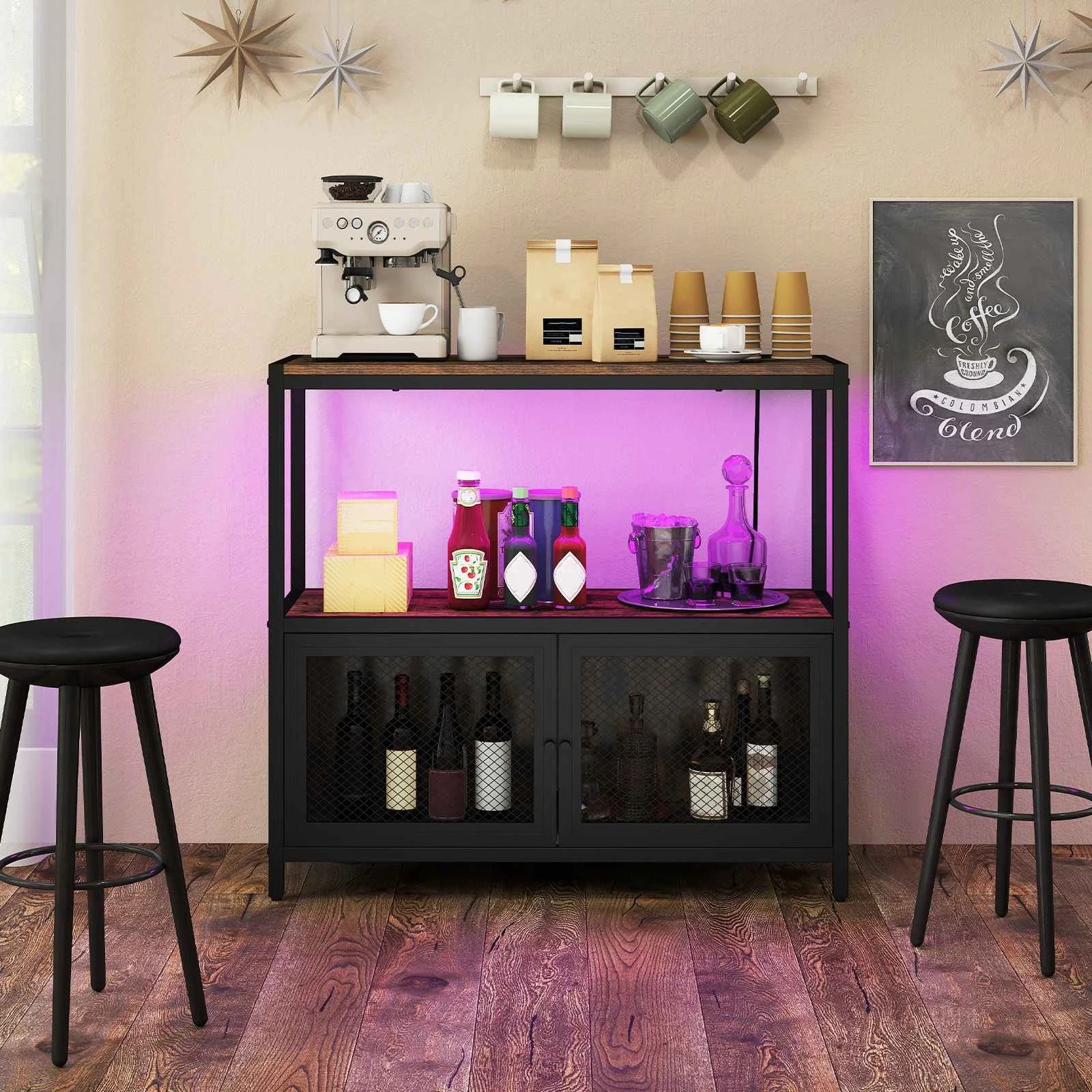 2 Costway Coffee Bar Cabinet LED Lights Industrial Buffet Sideboard - Brown, 2 of 4