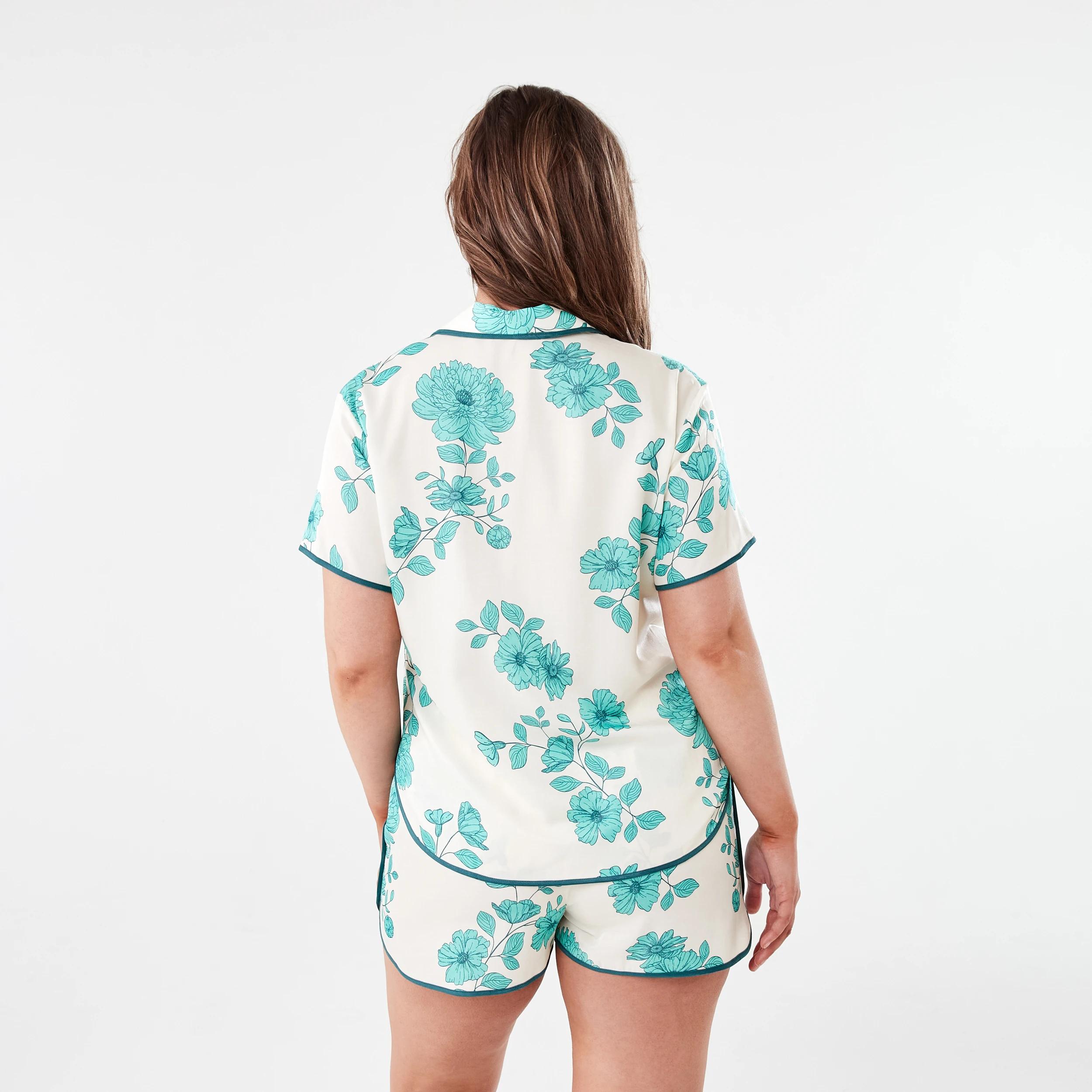 3 Short Sleeve Top and Shorts Matte Satin Pyjama Set GREEN FLORAL DEEP MINT, 3 of 8