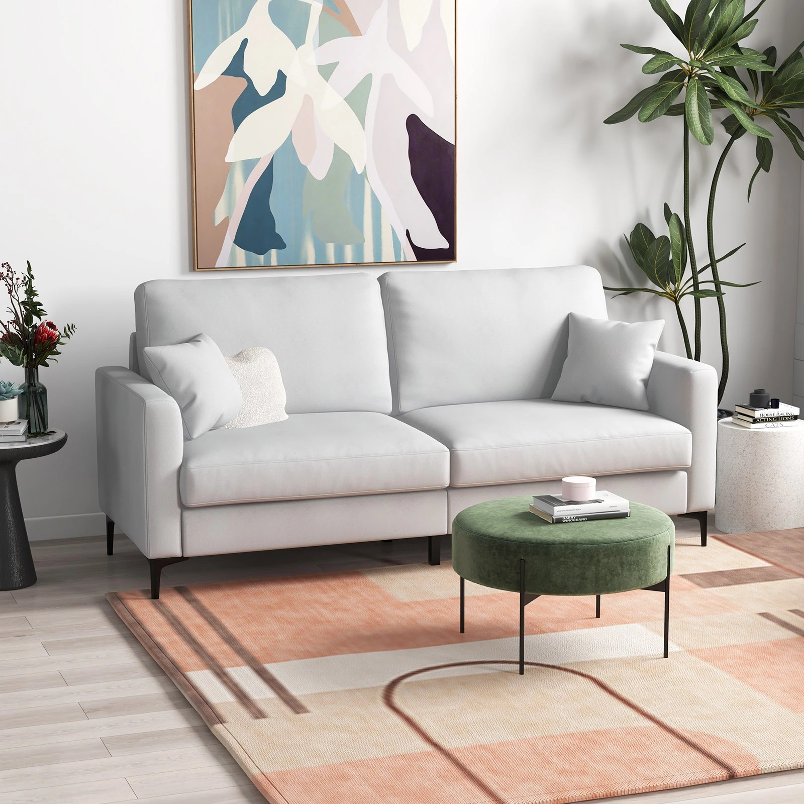 2 Costway Fabric Loveseat Sofa Lounge Upholstered Couch Metal Legs w/Armrest & Pillows - Grey, 2 of 4