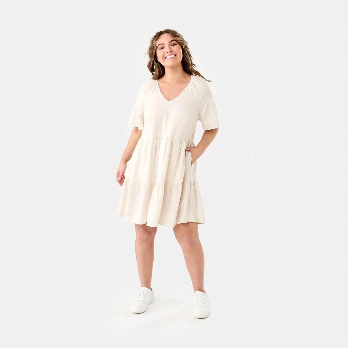 10 Short Sleeve Linen Blend Tiered Mini Dress NATURAL BEIGE, 10 of 10