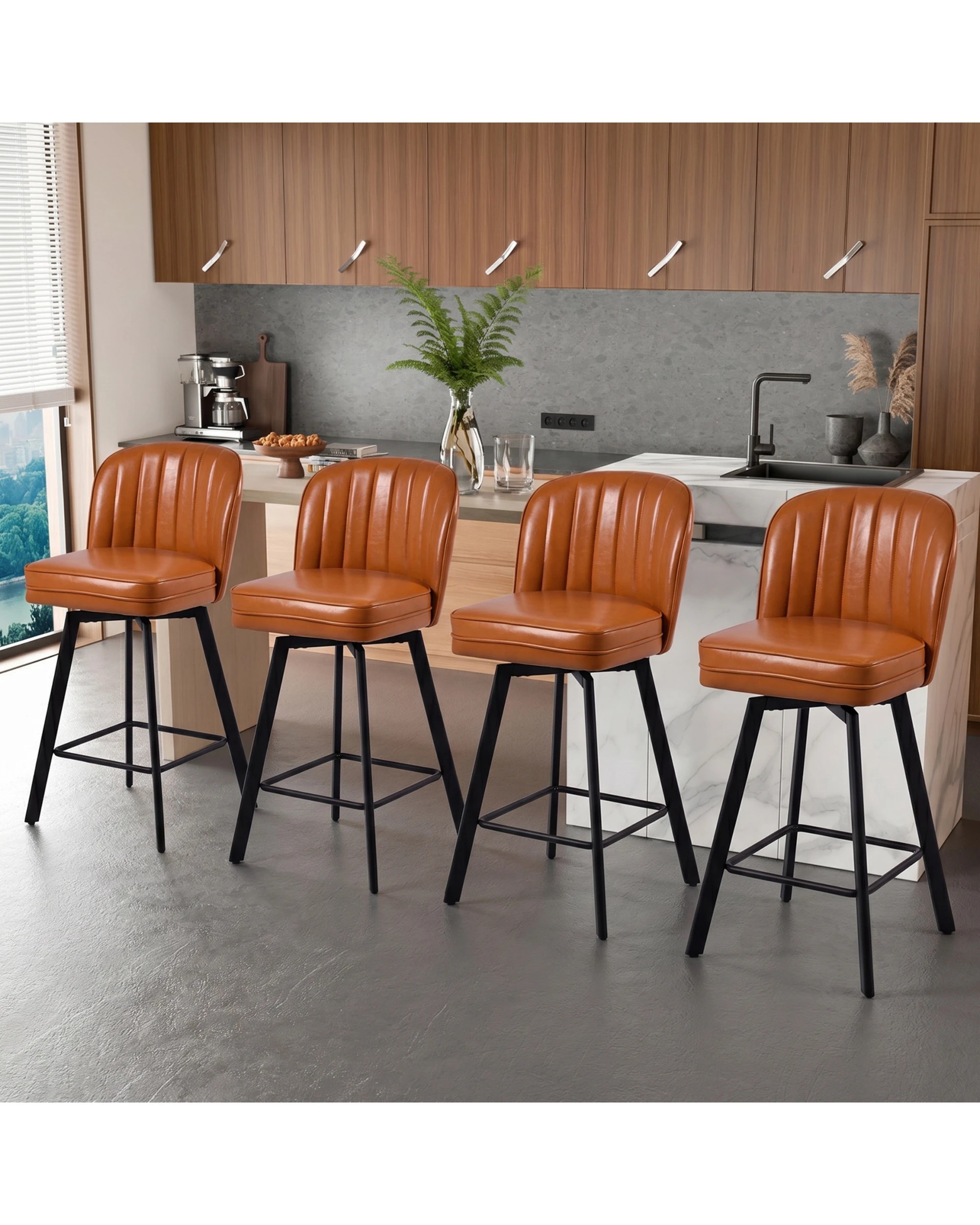 3 Advwin Bar Stools Set of 4 PU Kitchen Stools with Back and Metal Footrest Swivel Counter Stools - Brown, 3 of 8