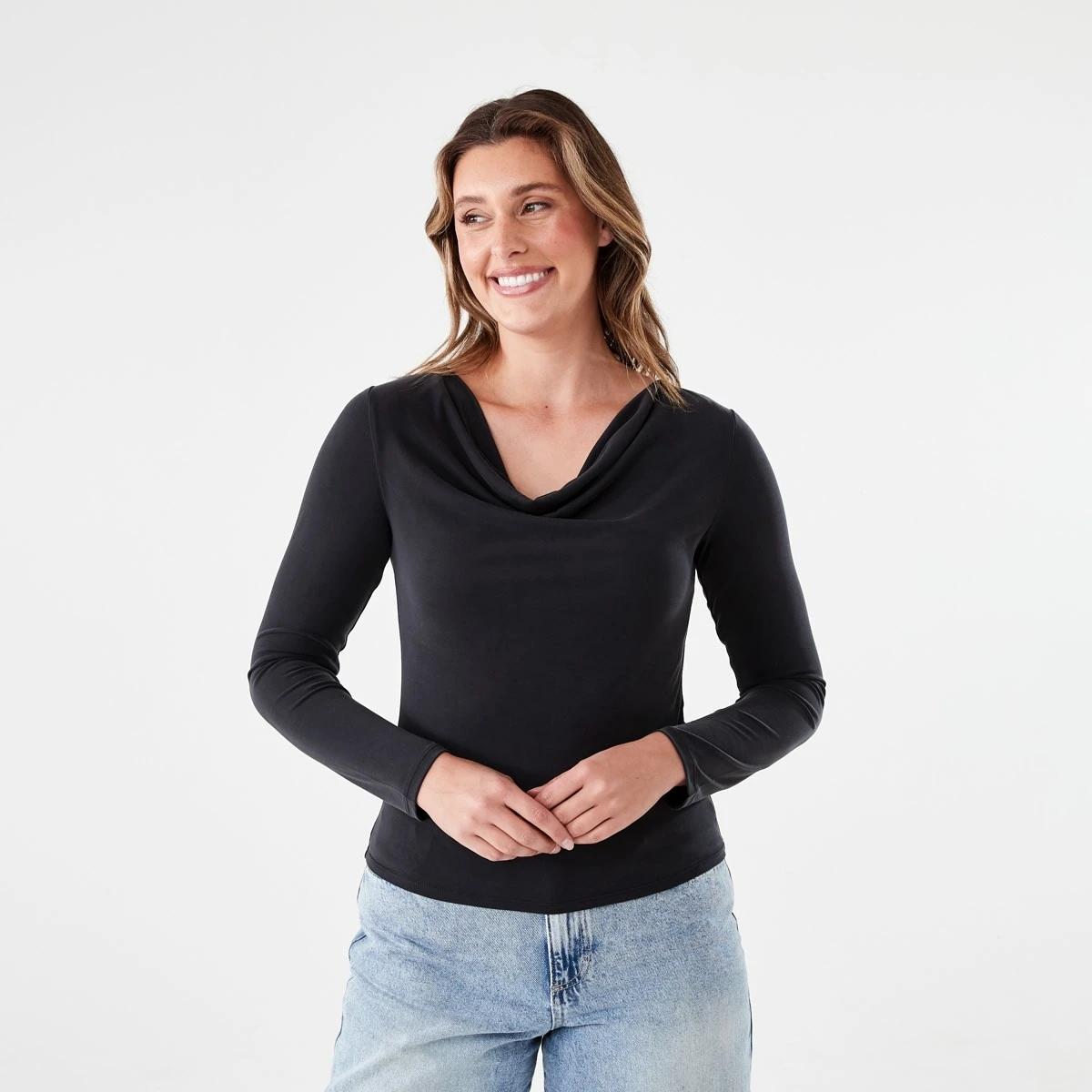 2 Long Sleeve Drape Cowl Neck Top BLACK, 2 of 6